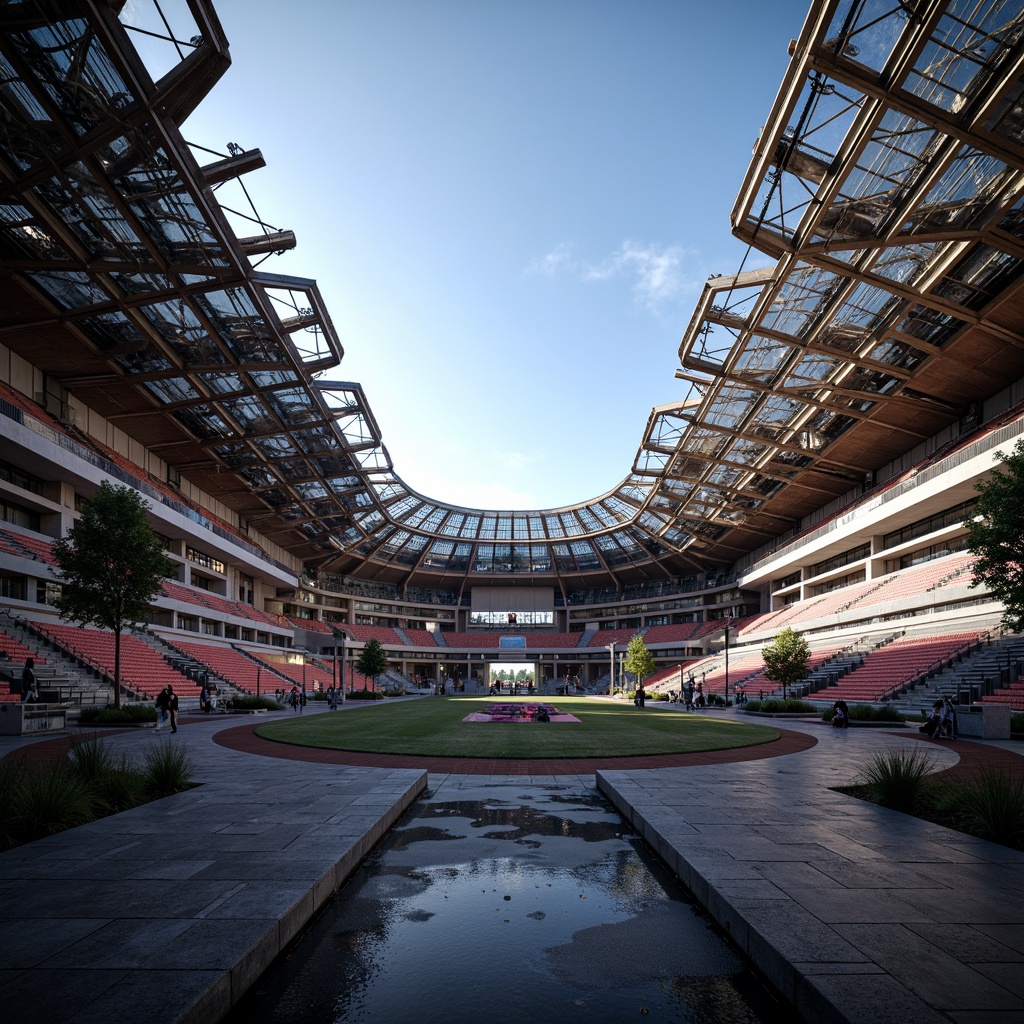 Prompt: Fragmented stadium structure, irregular shapes, bold cantilevered roofs, dynamic curves, transparent fa\u00e7ades, industrial materials, exposed ductwork, neon lighting, vibrant color accents, futuristic atmosphere, abstract patterns, distressed concrete textures, angular lines, deconstructivist architecture, open-air concourses, panoramic views, shallow depth of field, 2/3 composition, dramatic shadows, high-contrast lighting, realistic renderings.