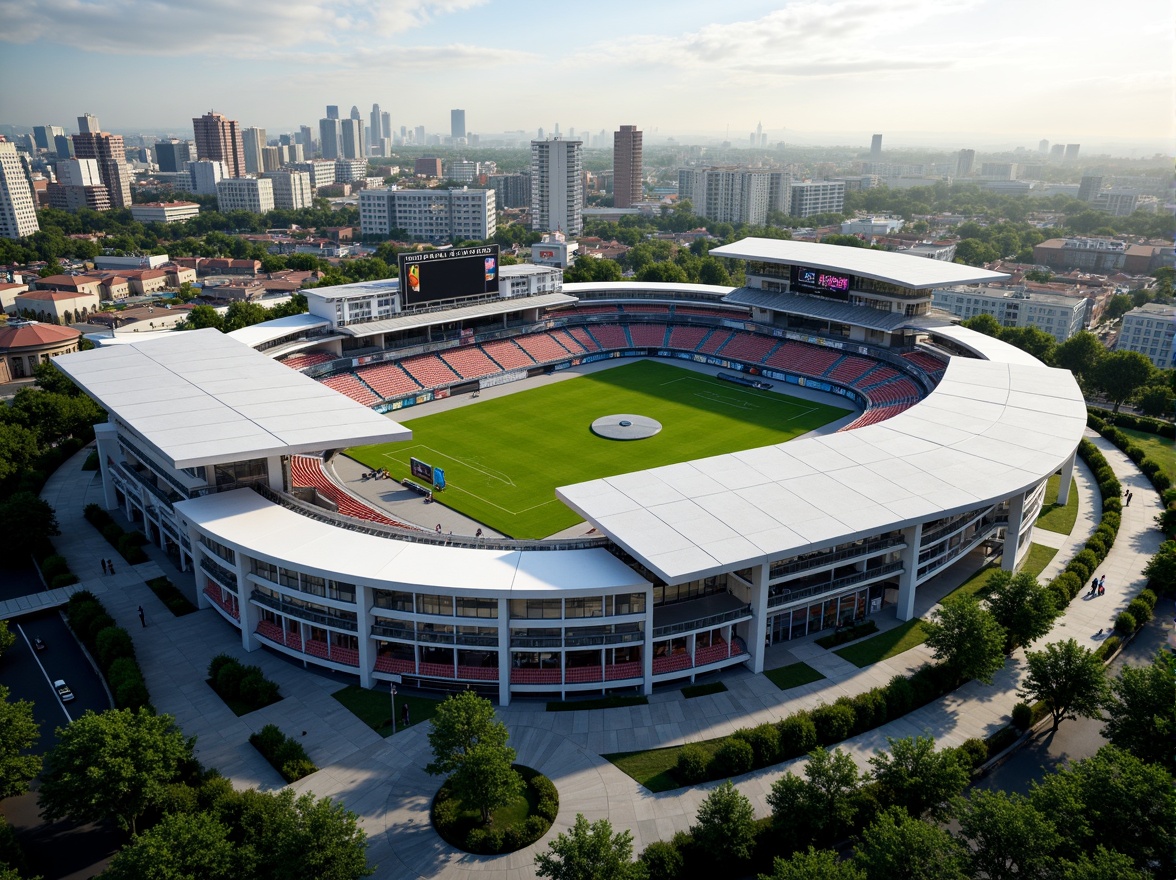 Prompt: Grand stadium, sleek modern architecture, circular shape, large seating capacity, green roof, solar panels, LED scoreboard, floodlights, grass field, athletic tracks, sports facilities, VIP lounges, concession stands, open concourse, natural ventilation, shading devices, cantilevered roofs, dynamic lighting systems, urban skyline views, bustling city atmosphere, afternoon sunlight, shallow depth of field, 2/3 composition, realistic textures, ambient occlusion.