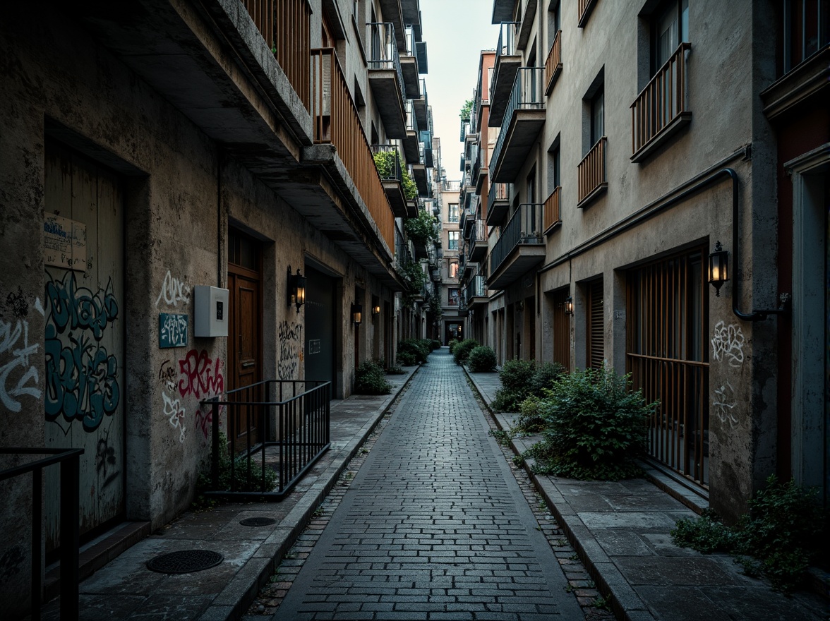 Prompt: Rugged urban landscape, distressed concrete walls, cracked pavement, worn-out metal railings, faded graffiti, industrial-style lampposts, dramatic chiaroscuro lighting, high-contrast shadows, cinematic composition, Dutch angle shot, gritty realistic textures, ambient occlusion, weathered stone fa\u00e7ade, intricate brick patterns, ornate architectural details, mysterious alleyway ambiance.