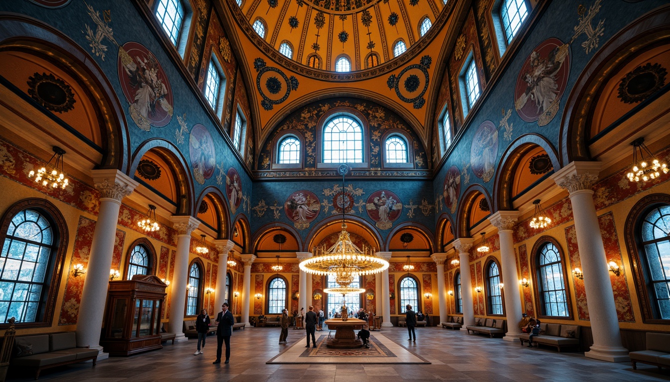 Prompt: Intricate mosaics, golden domes, vibrant blue hues, rich crimson accents, ornate marble columns, Byzantine arches, grandiose vaulted ceilings, luminous stained glass windows, warm candlelit ambiance, subtle gradient effects, low-key dramatic lighting, shallow depth of field, 2/3 composition, realistic textures, ambient occlusion.