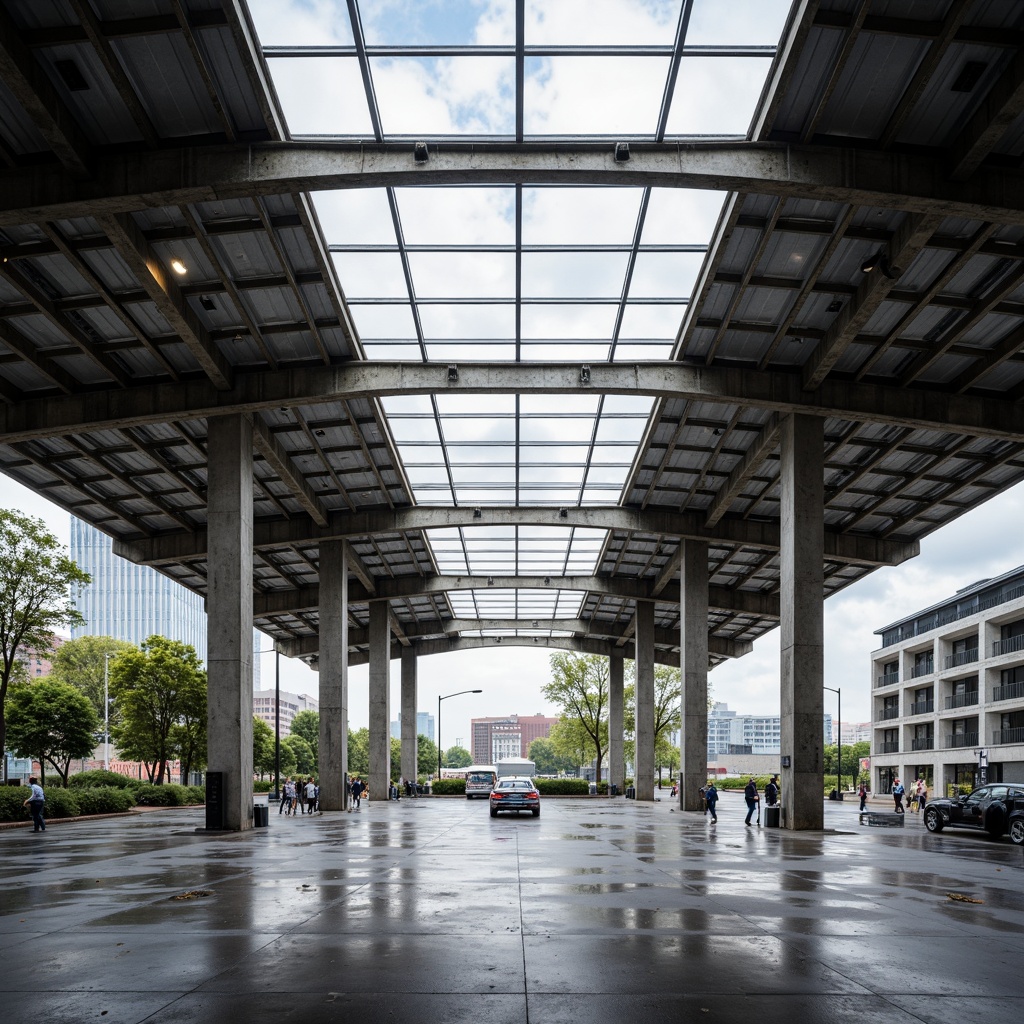 Prompt: Industrial warehouse, exposed steel beams, rugged metal columns, reinforced concrete foundations, robust trusses, diagonal bracing, cantilevered roofs, minimalist aesthetic, natural light pouring in, high ceilings, polished concrete floors, metallic luster, sharp angular lines, modern architecture, urban landscape, cloudy day, soft diffused lighting, 1/1 composition, realistic renderings, ambient occlusion.