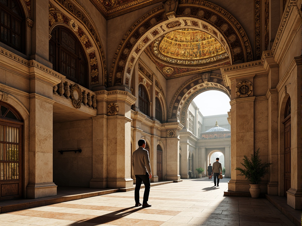 Prompt: Intricate stone carvings, ornate arches, grand domes, golden mosaics, vibrant frescoes, ornamental columns, marble floors, richly textured stucco, weathered copper roofs, dramatic lighting effects, warm ambient glow, 3/4 composition, shallow depth of field, soft focus, realistic textures, ambient occlusion.