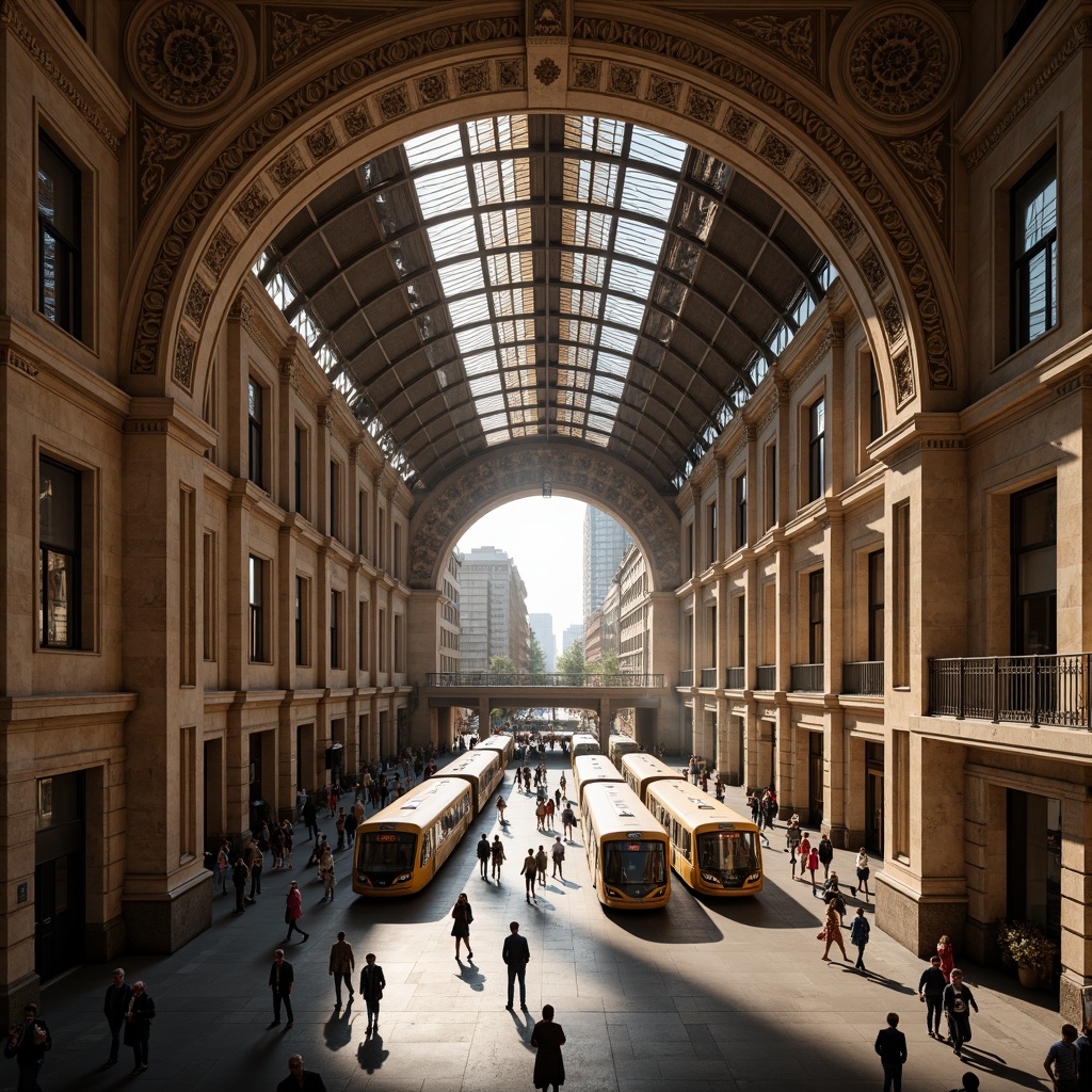 Prompt: Grand metropolitan hub, ornate archways, Romanesque columns, intricate stone carvings, vaulted ceilings, large pedestrian walkways, modern urban transportation systems, sleek trains, bustling crowds, dynamic lighting, warm color tones, shallow depth of field, 1/2 composition, realistic textures, ambient occlusion.