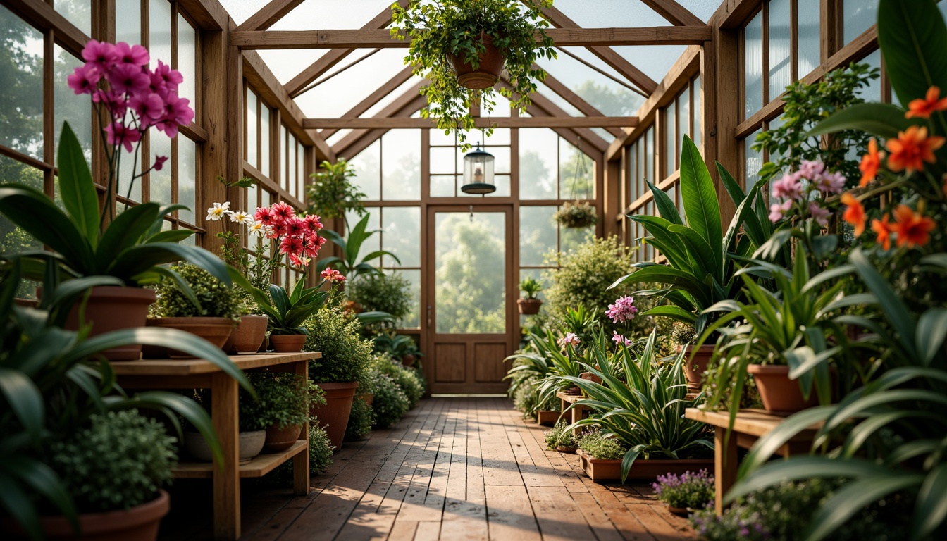 Prompt: Lush greenhouse interior, exotic tropical plants, vibrant colorful flowers, warm natural light, misty atmosphere, rustic wooden beams, earthy terracotta pots, lush green foliage, blooming orchids, hummingbird feeders, soft diffused lighting, shallow depth of field, 1/1 composition, intimate close-up shots, realistic textures, ambient occlusion.