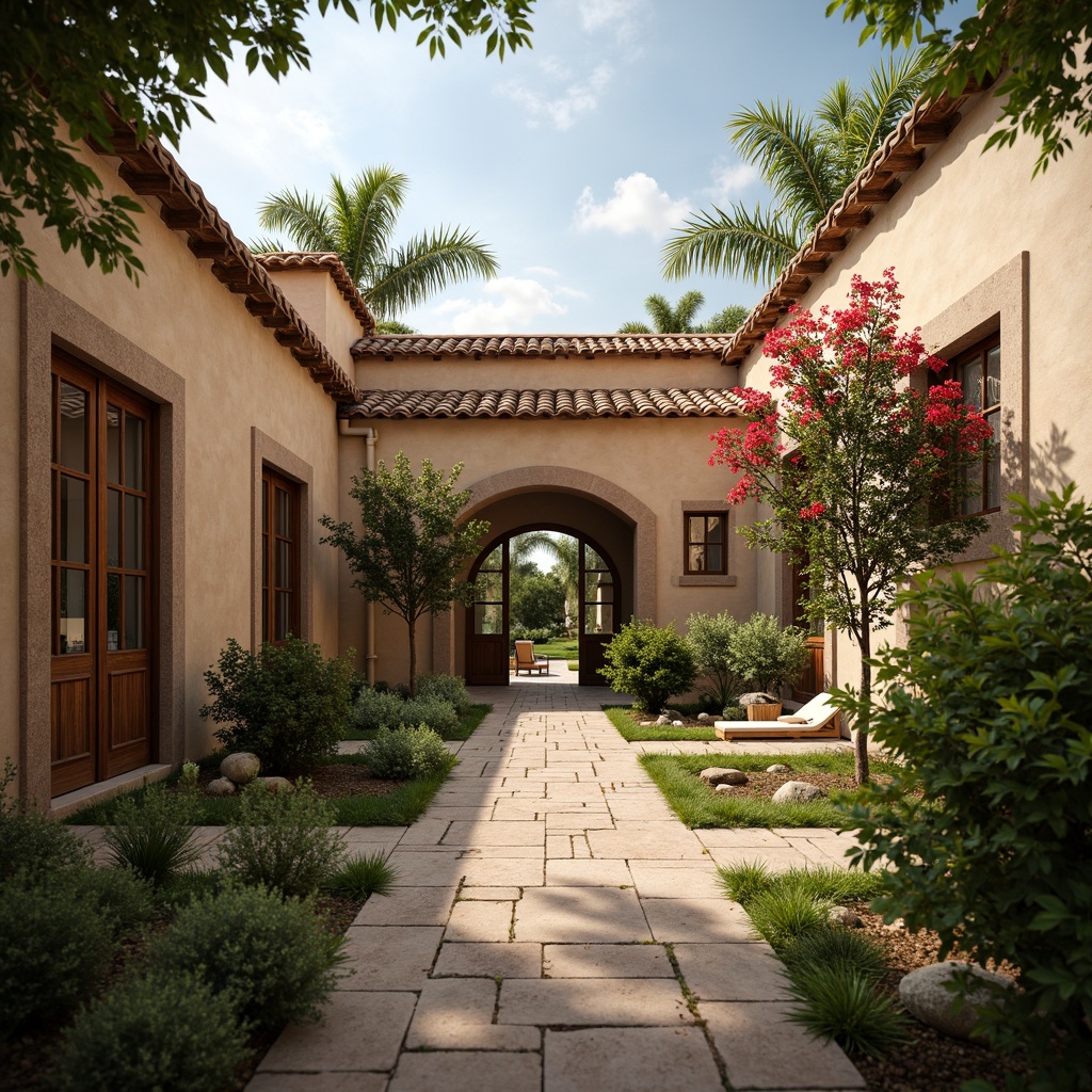 Prompt: Secluded villa, Mediterranean style, earthy tones, warm beige walls, rustic terracotta roofs, lush greenery, vibrant bougainvillea flowers, tranquil outdoor spaces, serene ambiance, natural stone pathways, ornate wooden doors, elegant archways, soft warm lighting, shallow depth of field, 3/4 composition, realistic textures, ambient occlusion.