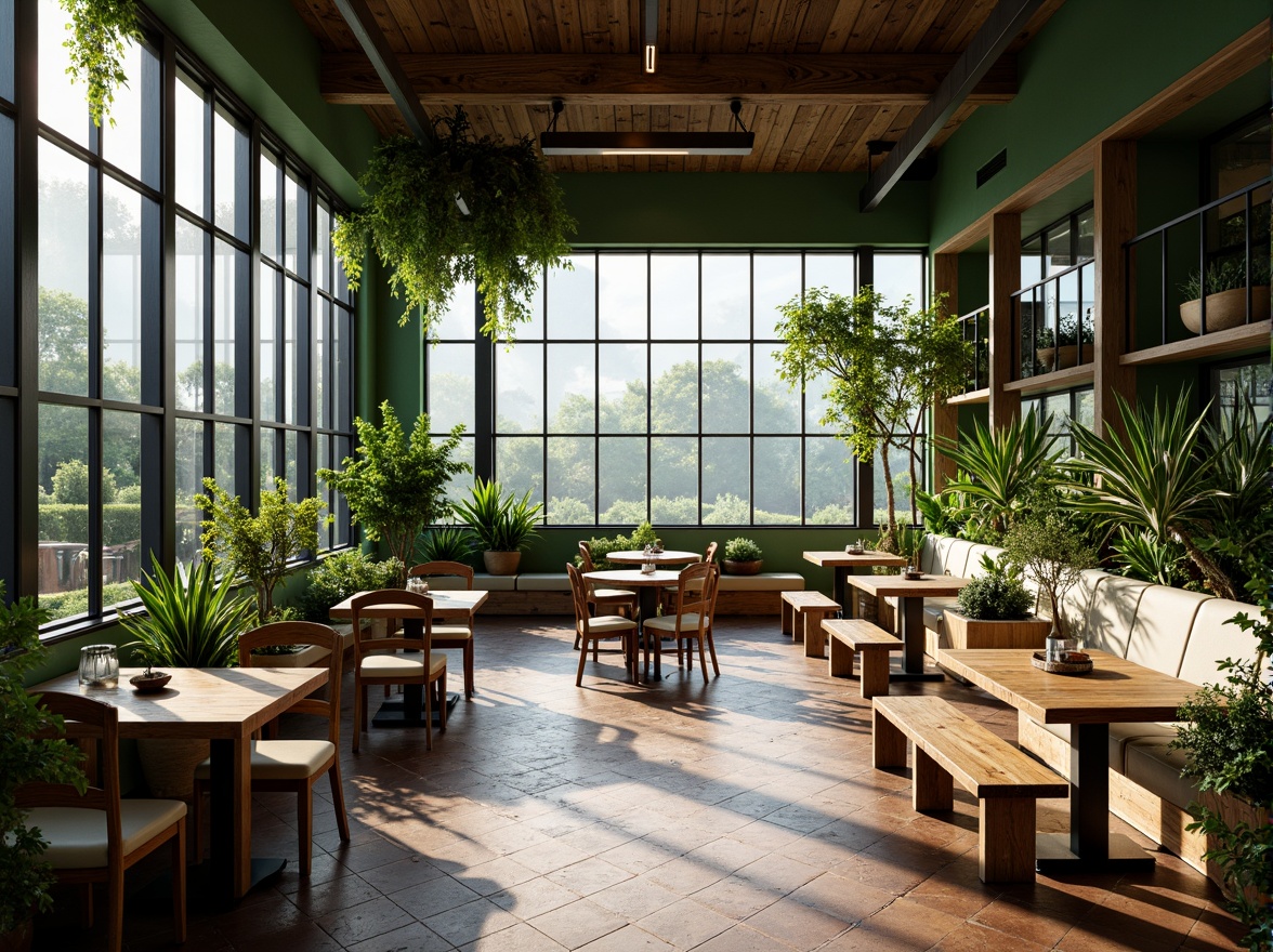 Prompt: Vibrant coffee shop, lush green walls, natural stone floors, reclaimed wood accents, floor-to-ceiling windows, panoramic views, outdoor seating areas, wooden benches, potted plants, hanging vines, earthy color palette, warm cozy lighting, shallow depth of field, 3/4 composition, misty morning atmosphere, realistic textures, ambient occlusion.