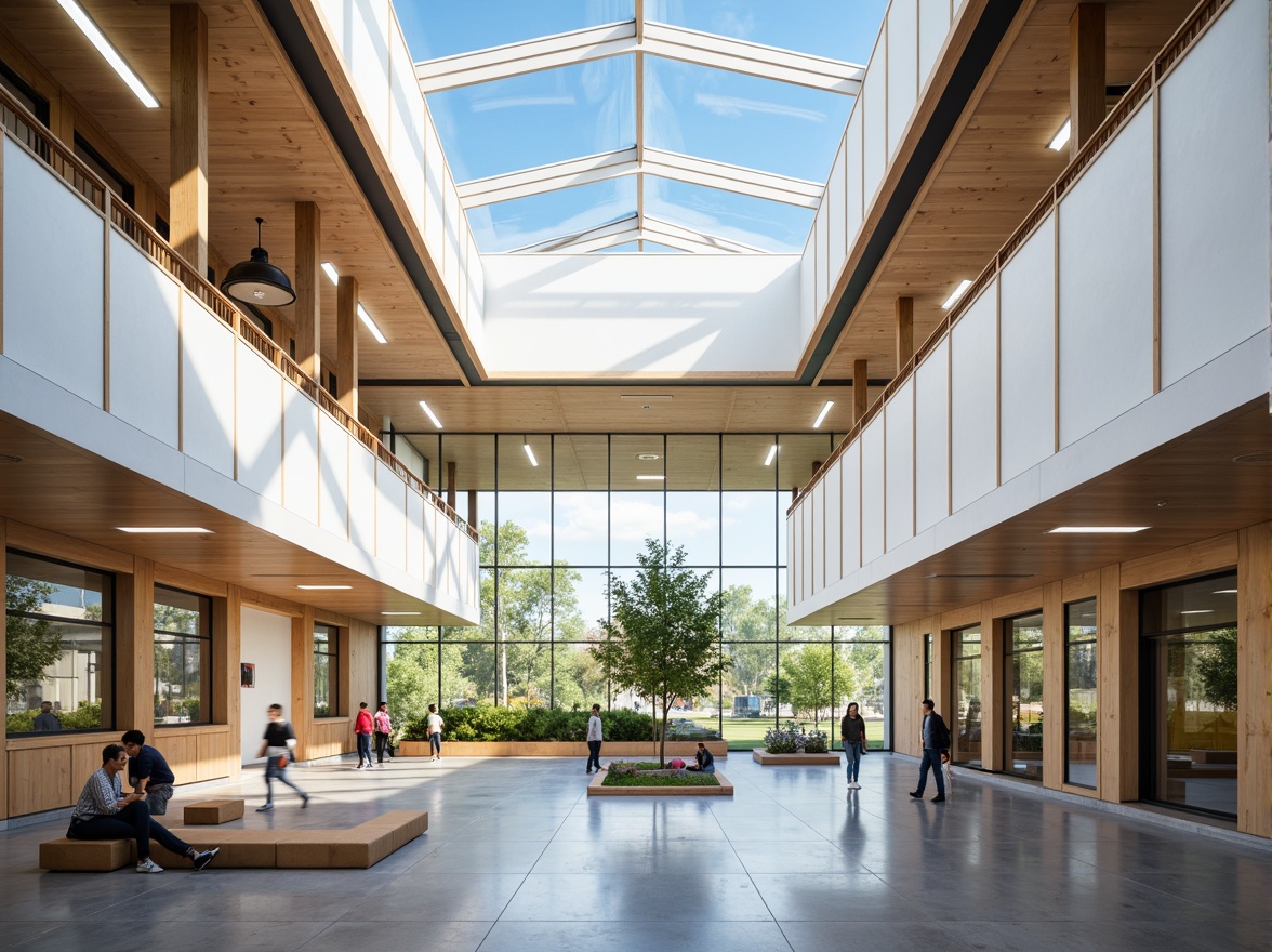 Prompt: Vibrant youth center, open floor plan, high ceilings, large skylights, clerestory windows, transparent glass walls, minimal obstructions, reflective surfaces, polished concrete floors, bright color scheme, airy atmosphere, natural ventilation systems, green roofs, solar tubes, tubular daylighting devices, diffused lighting effects, 1/1 composition, softbox lighting, warm tones, inviting ambiance.