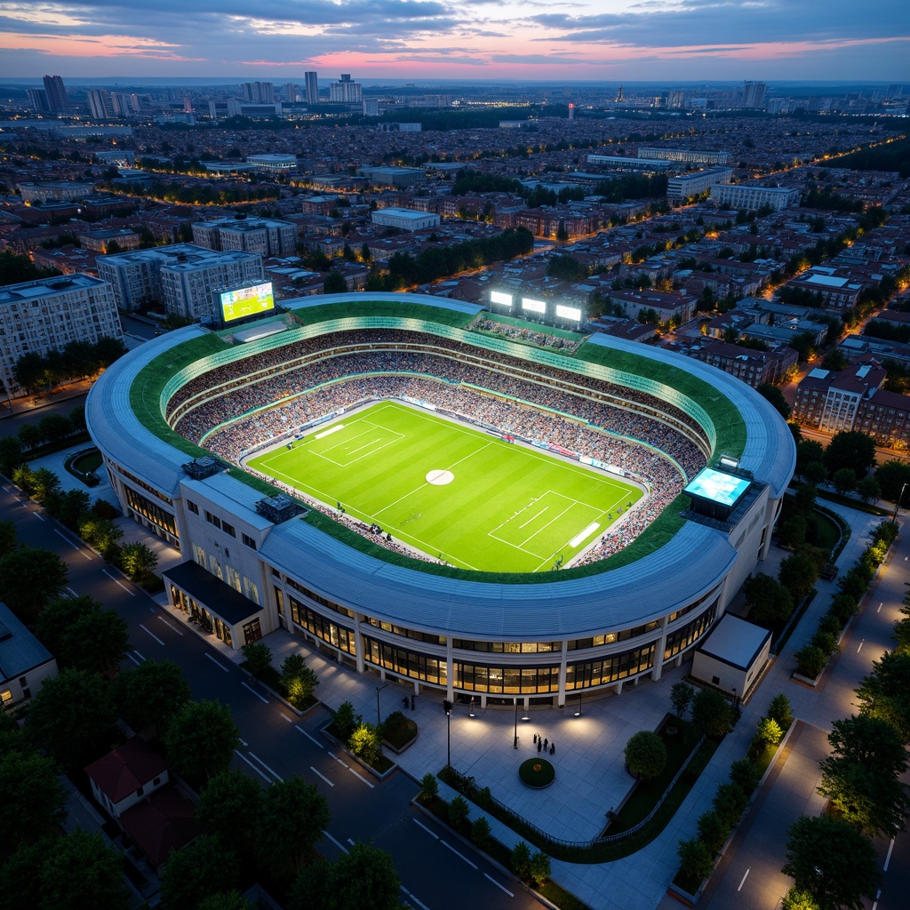 Prompt: Grand stadium architecture, sleek curves, vibrant LED lighting, lush green roofs, urban landscape integration, bustling city surroundings, pedestrian-friendly access roads, ample parking spaces, modern amenities, concession stands, seating areas, sports field markings, goalposts, scoreboard displays, floodlights, evening ambiance, dramatic shadows, 1/2 composition, wide-angle lens, cinematic atmosphere, realistic textures, ambient occlusion.