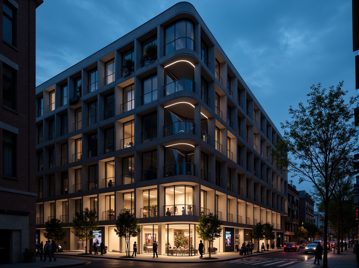 Prompt: Geometric building facade, modernist architecture, rectangular forms, clean lines, minimal ornamentation, industrial materials, exposed concrete, steel beams, large windows, glass balconies, urban cityscape, busy streets, nighttime illumination, neon lights, dramatic shadows, high-contrast lighting, atmospheric perspective, cinematic composition, 1/2 format, realistic textures, detailed normal maps.