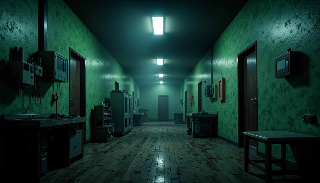 Prompt: Dark cyan ombre walls, mysterious abandoned asylum, eerie dimly lit corridors, vintage medical equipment, distressed wooden floors, peeling paint textures, rusty metal doors, flickering fluorescent lights, ominous foggy atmosphere, 1/1 composition, shallow depth of field, cinematic mood lighting, high contrast ratios, gritty realistic textures, ambient occlusion.Note