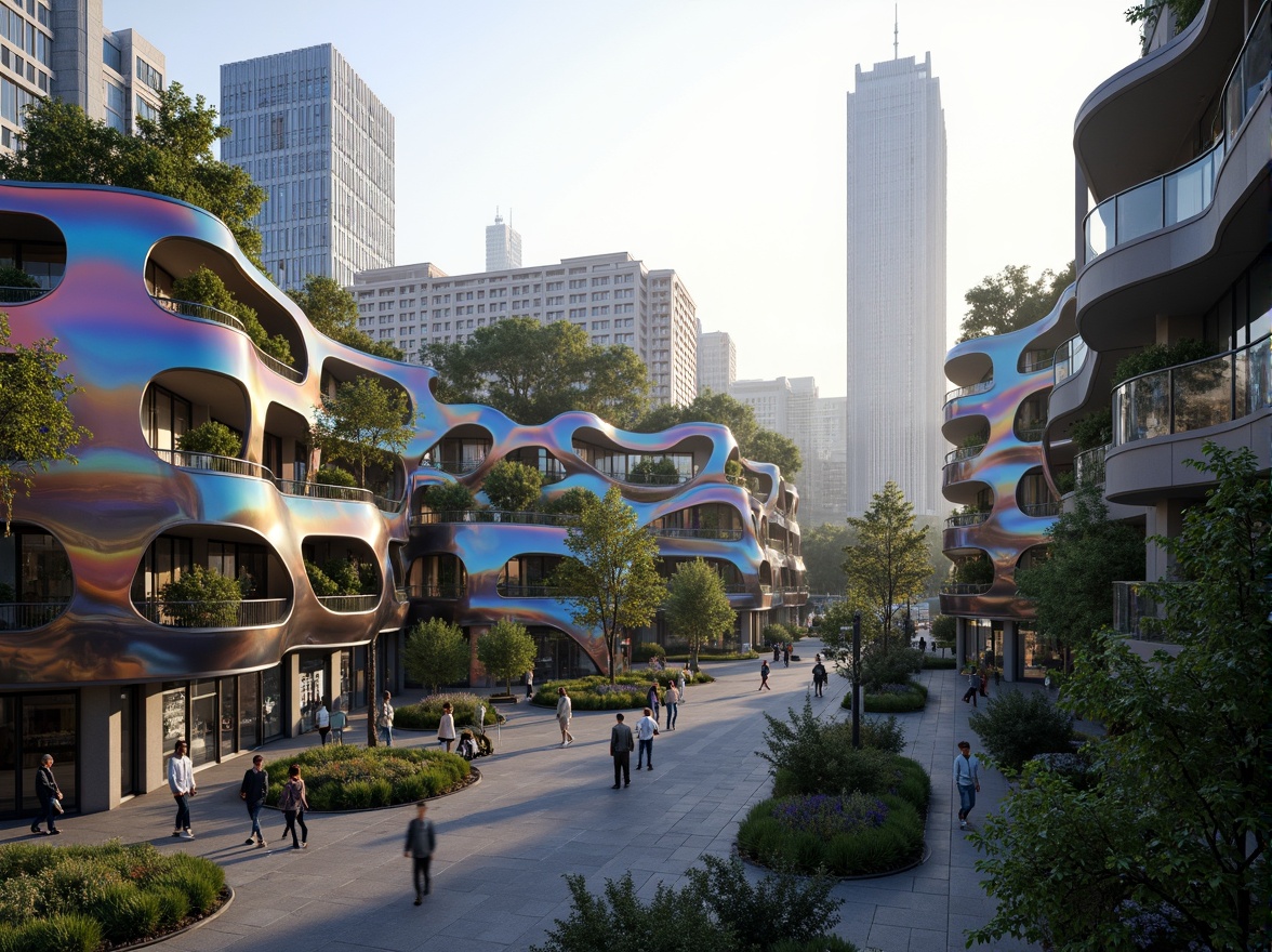 Prompt: Organic blob-shaped buildings, seamless curvatures, iridescent facades, bioluminescent accents, futuristic cityscape, bustling streets, pedestrian walkways, urban parks, vibrant street art, eclectic architecture, juxtaposed modernity, sustainable energy harvesting, green roofs, living walls, urban agriculture, misty morning light, shallow depth of field, 1/2 composition, cinematic atmosphere, realistic textures.