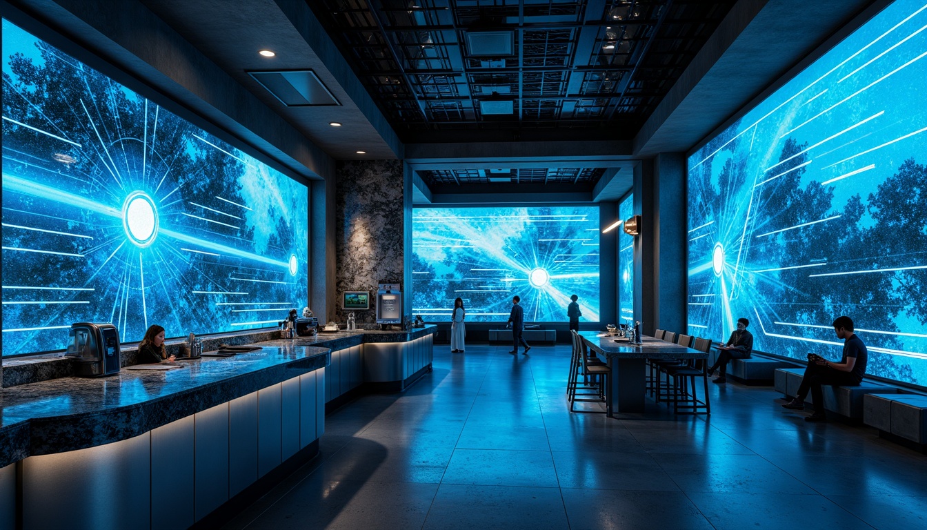 Prompt: Futuristic interior design, granite countertops, sleek metallic accents, minimalist decor, neon-lit ambiance, ambient occlusion, shallow depth of field, 3/4 composition, panoramic view, realistic textures, high-tech gadgets, holographic displays, curved lines, geometric patterns, industrial chic aesthetic, polished concrete floors, LED lighting, cyberpunk-inspired atmosphere, vibrant blue hues, dynamic shapes.