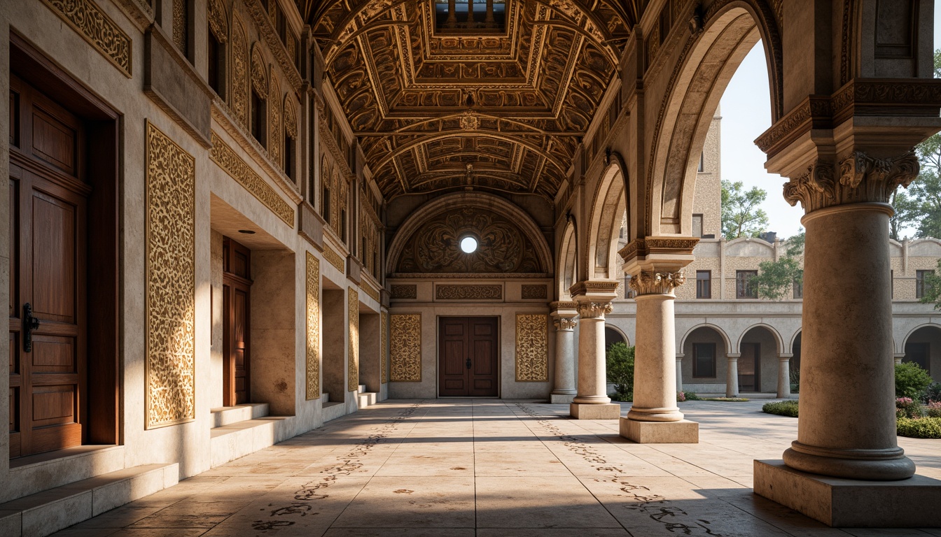 Prompt: Intricate stone carvings, ornate arches, domed roofs, richly patterned mosaics, golden accents, grand entranceways, imposing columns, vaulted ceilings, ornamental capitals, weathered stone textures, warm earthy tones, soft afternoon light, shallow depth of field, 1/2 composition, dramatic shadows, atmospheric perspective.