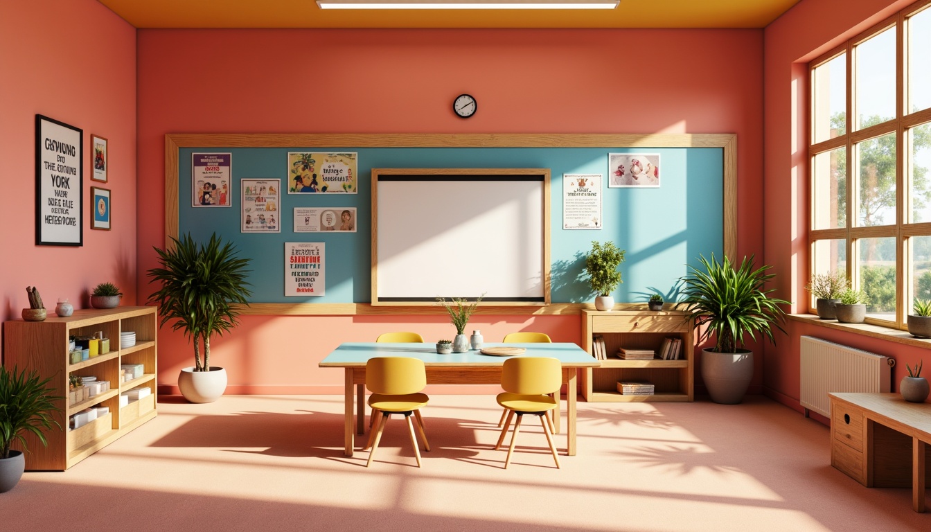 Prompt: Vibrant kindergarten interior, colorful learning zones, interactive whiteboards, ergonomic furniture, collaborative workspaces, educational posters, inspirational quotes, natural wood accents, bright coral walls, soft peach floors, warm yellow lighting, shallow depth of field, 1/1 composition, realistic textures, ambient occlusion.