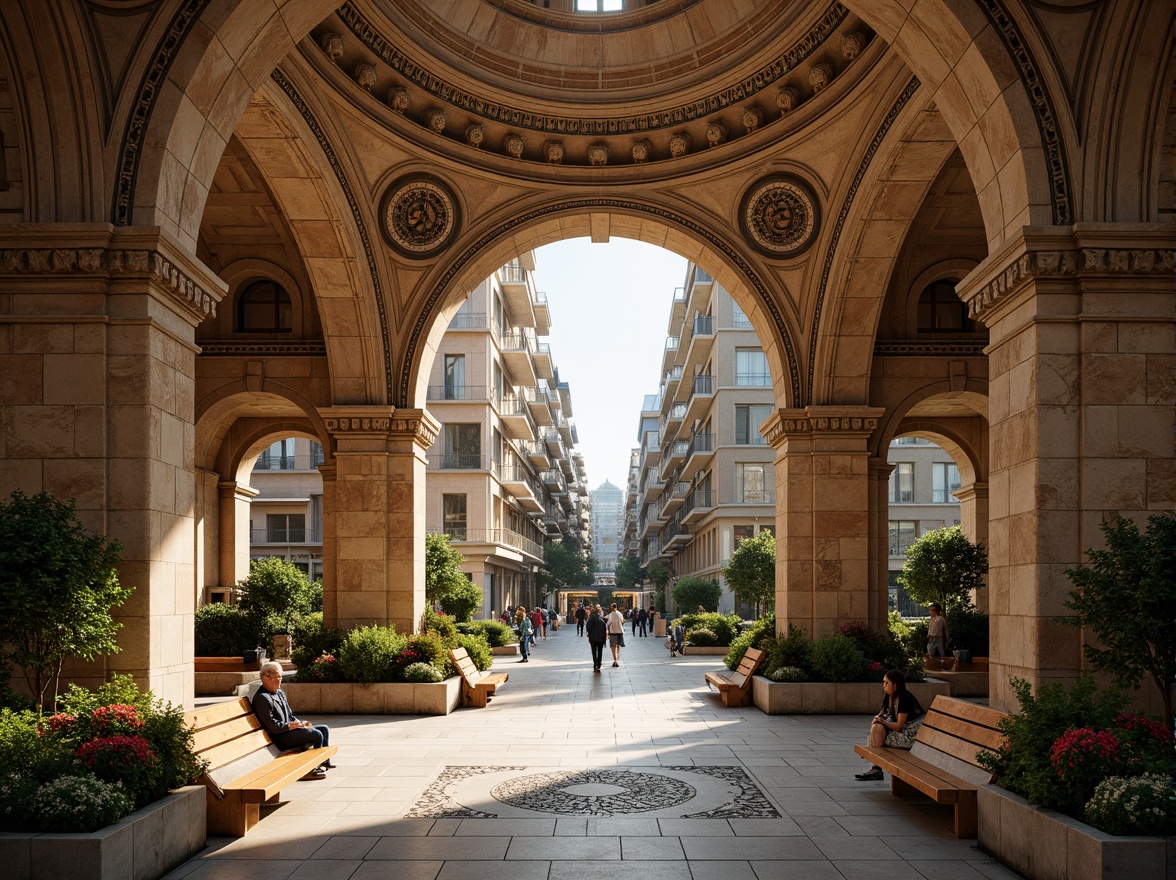 Prompt: Grand metro station, Romanesque arches, ornate stone carvings, lush greenery, vibrant flower arrangements, elegant benches, intricate mosaics, rustic brick walls, grand staircases, vaulted ceilings, warm soft lighting, shallow depth of field, 1/1 composition, symmetrical framing, realistic textures, ambient occlusion, urban cityscape, bustling streets, modern transportation hub.