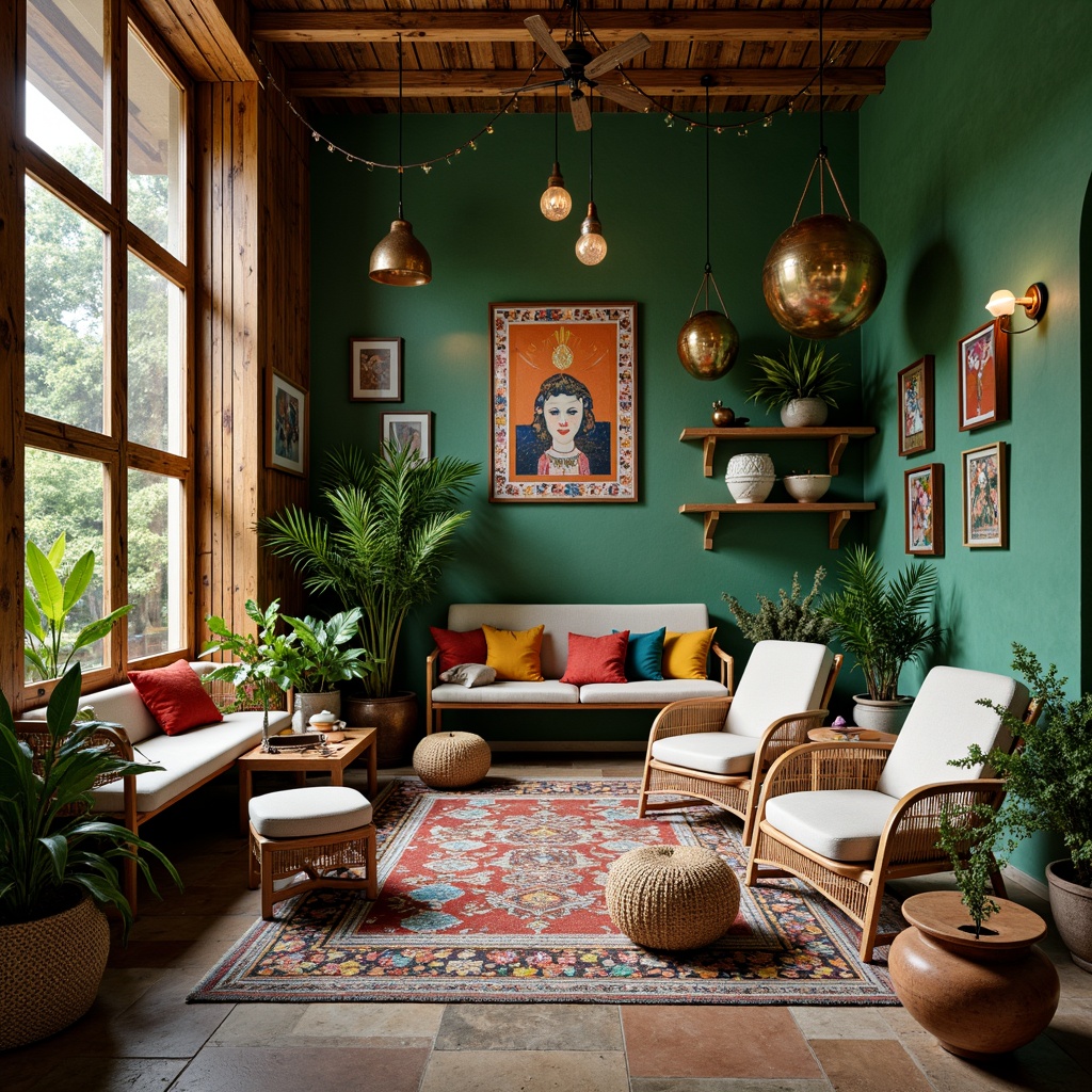 Prompt: Vibrant eclectic interior, lush green walls, reclaimed wood accents, natural stone flooring, woven rattan furniture, colorful Moroccan tiles, eclectic artwork, mixed metallic lighting fixtures, distressed wooden shelves, potted plants, earthy color palette, organic shapes, bohemian vibe, warm cozy atmosphere, soft diffused light, shallow depth of field, 1/1 composition, realistic textures.