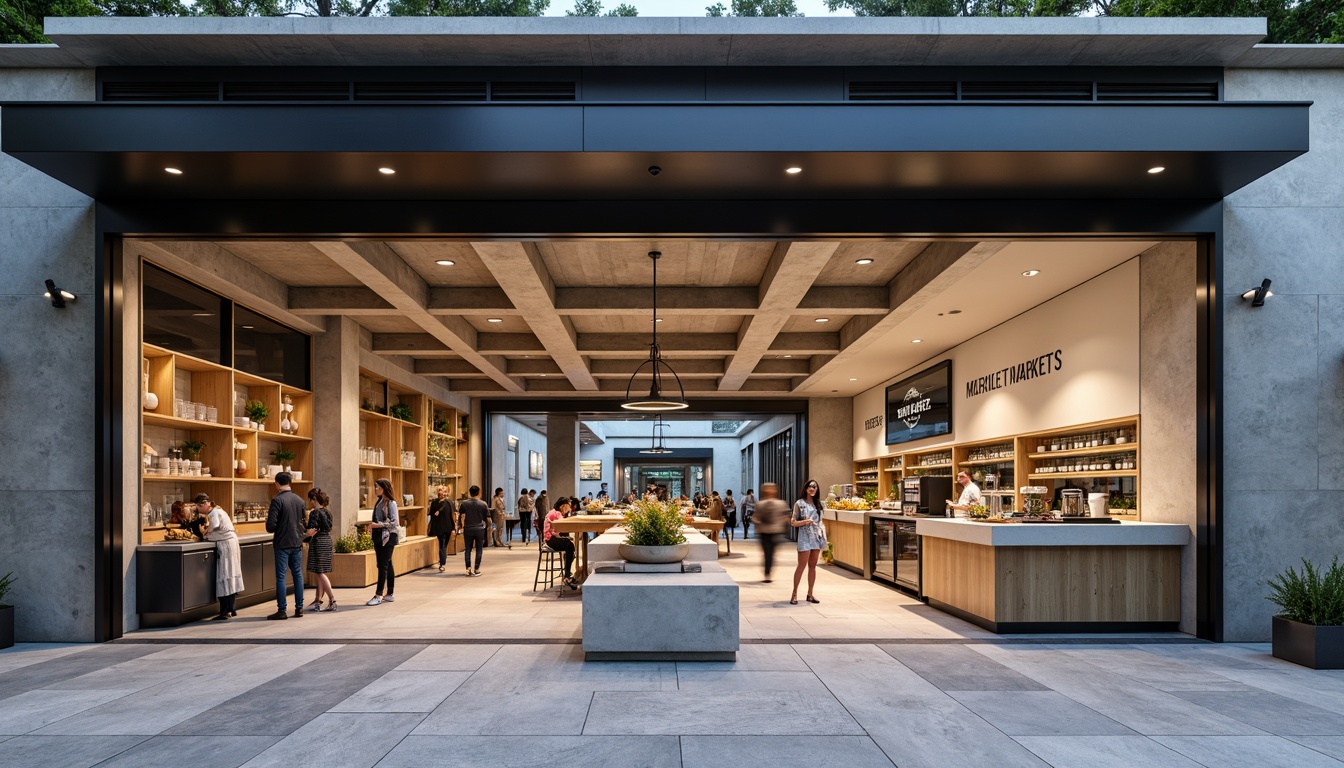 Prompt: Minimalist market facade, neutral color palette, clean lines, simple shapes, industrial materials, exposed ductwork, polished concrete floors, floor-to-ceiling windows, sliding glass doors, subtle branding, elegant typography, geometric patterns, natural stone accents, urban cityscape, morning soft light, shallow depth of field, 1/1 composition, realistic textures, ambient occlusion.