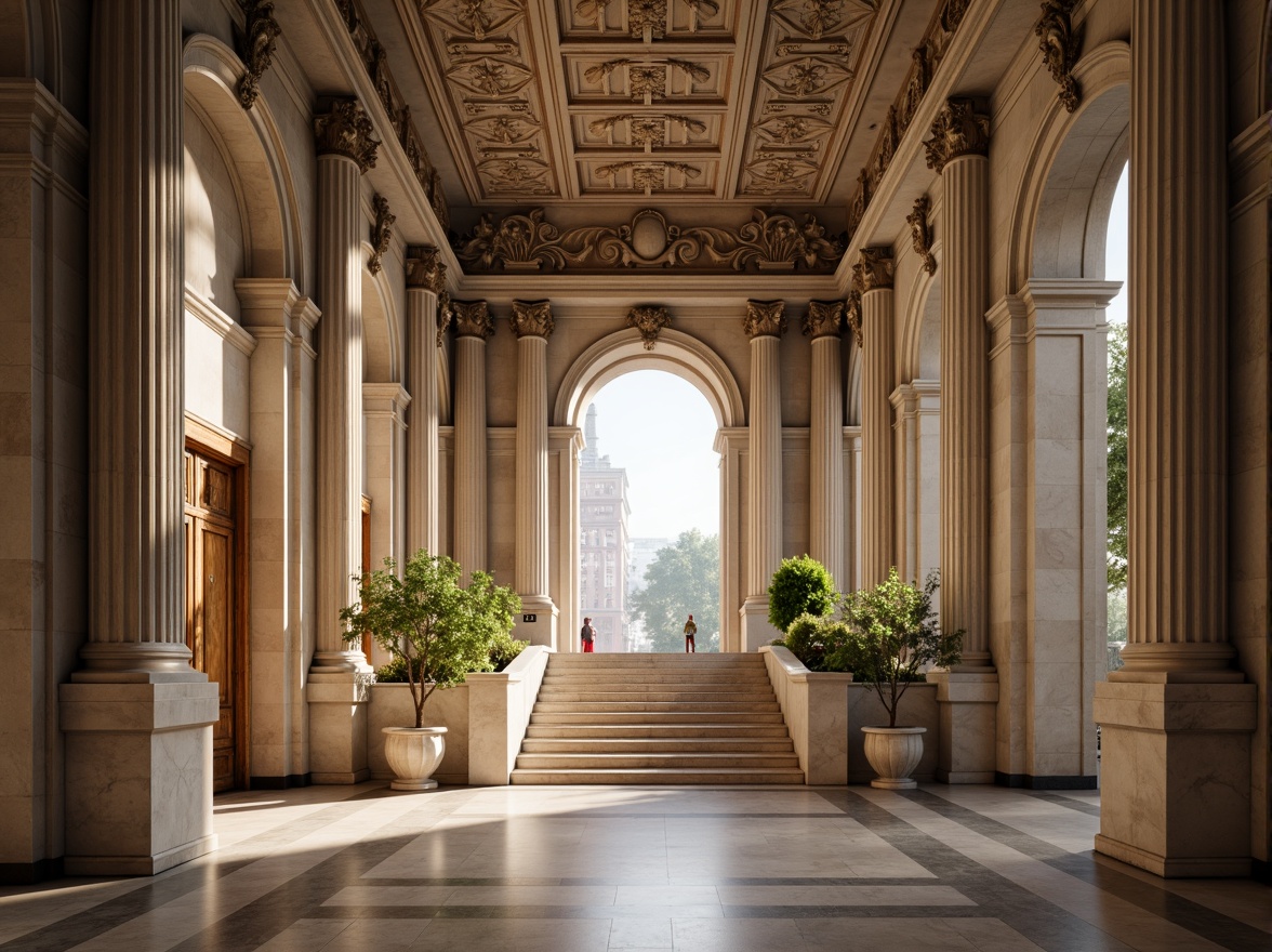 Prompt: Grand museum entrance, neoclassical facade, ornate stone carvings, large pillars, symmetrical composition, grand staircase, high ceilings, marble flooring, natural light illumination, soft warm lighting, 1/1 composition, realistic textures, ambient occlusion, subtle color palette, elegant typography, academic atmosphere, cultural heritage preservation, innovative glazing systems, energy-efficient solutions, sustainable materials, subtle curvature lines, minimal ornamentation.