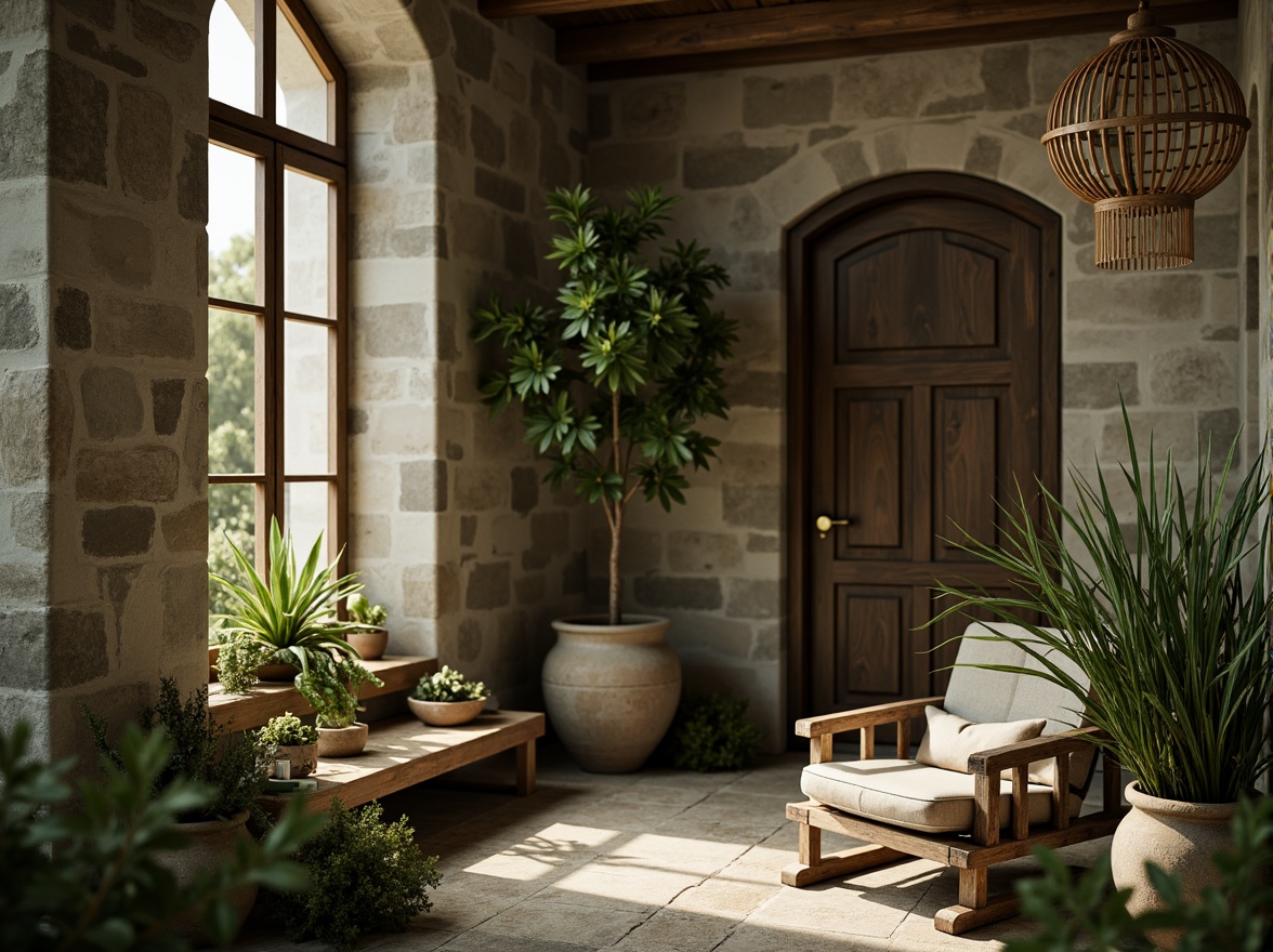 Prompt: Earthy olive tones, muted greenery, weathered stone walls, rustic metal accents, distressed wood textures, natural linen fabrics, soft warm lighting, shallow depth of field, 1/2 composition, intimate close-up shots, realistic wear and tear, ambient occlusion, vintage-inspired color grading, filmic texture overlays.