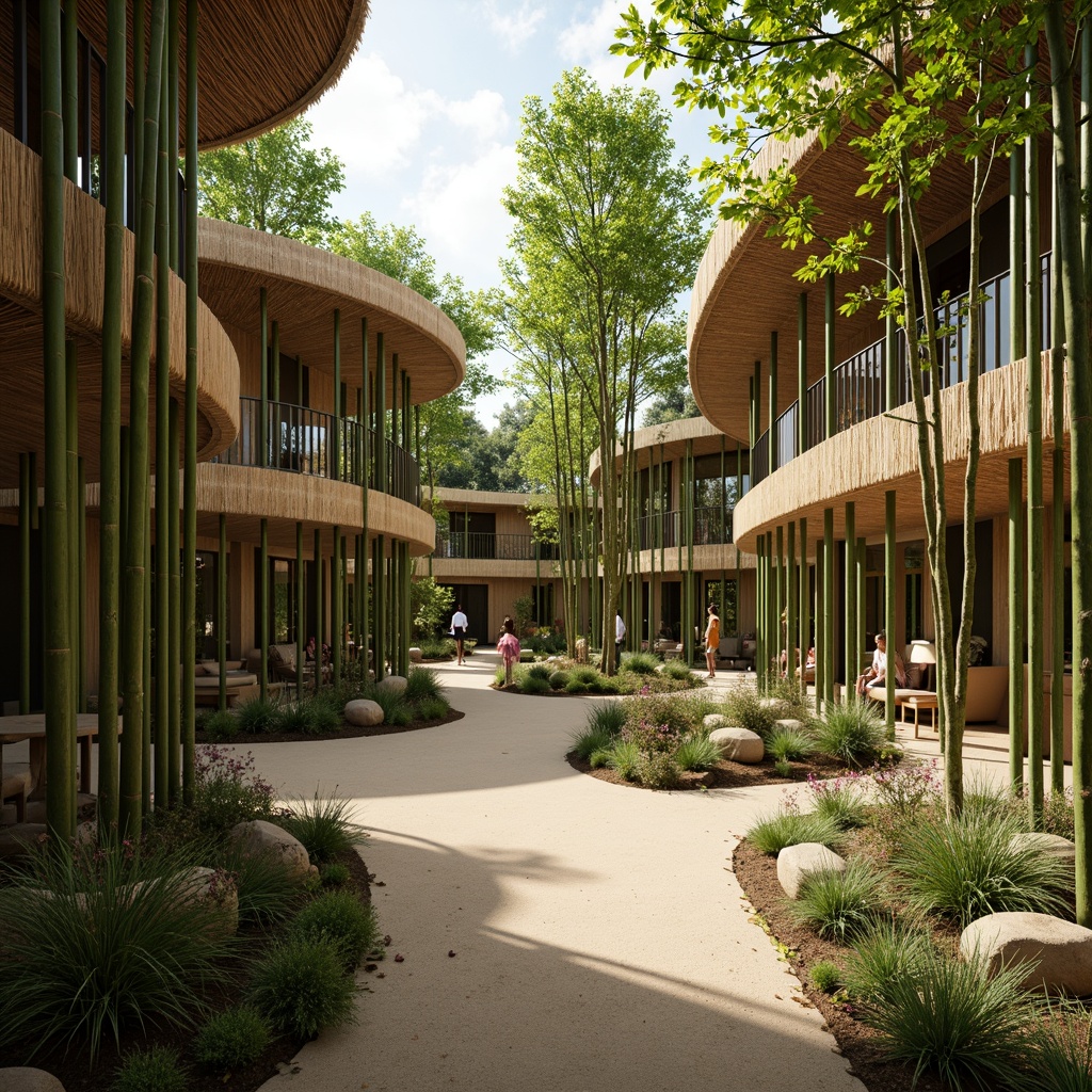 Prompt: Natural bamboo forests, organic textures, earthy tones, sustainable architecture, eco-friendly materials, curved lines, minimalistic design, open-air structures, thatched roofs, wooden accents, serene ambiance, soft diffused lighting, warm beige colors, 1/2 composition, shallow depth of field, realistic renderings.