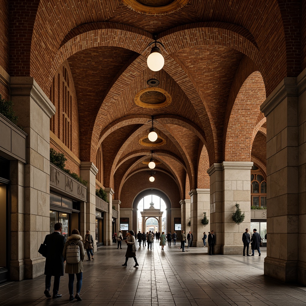 Prompt: Romanesque metro station, rustic brick walls, ornate stone carvings, grand archways, vaulted ceilings, sturdy columns, intricate masonry patterns, earthy color palette, warm atmospheric lighting, dramatic shadows, rich textures, ornamental details, historic architectural influences, classical proportions, robust structural elements, grand entrance halls, busy commuter scenes, urban underground atmosphere.