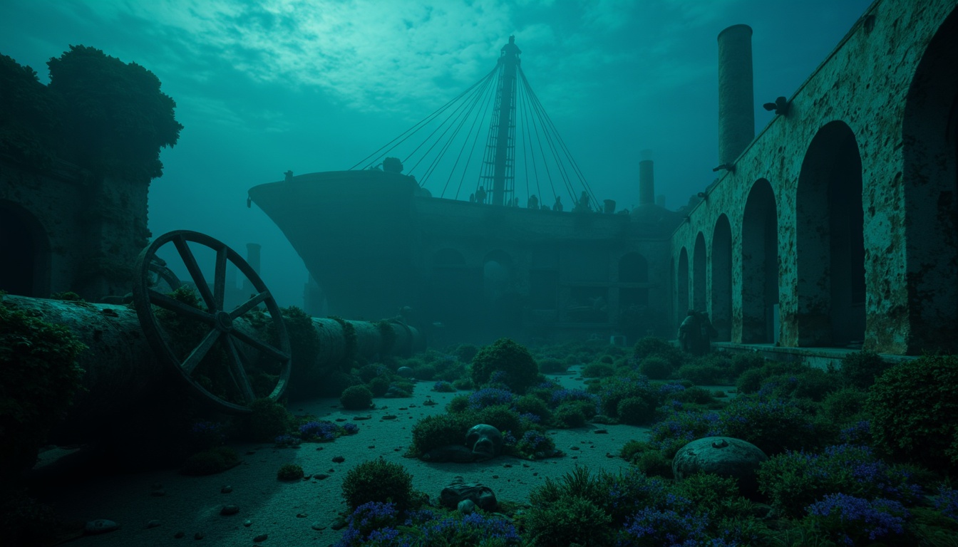 Prompt: Mysterious underwater world, dark cyan waters, eerie bioluminescent creatures, twisted coral reefs, ancient shipwrecks, rusty metal propellers, foggy misty atmosphere, subtle gradient lighting, soft focus effect, shallow depth of field, cinematic composition, 2.35 aspect ratio, realistic water textures, ambient occlusion.