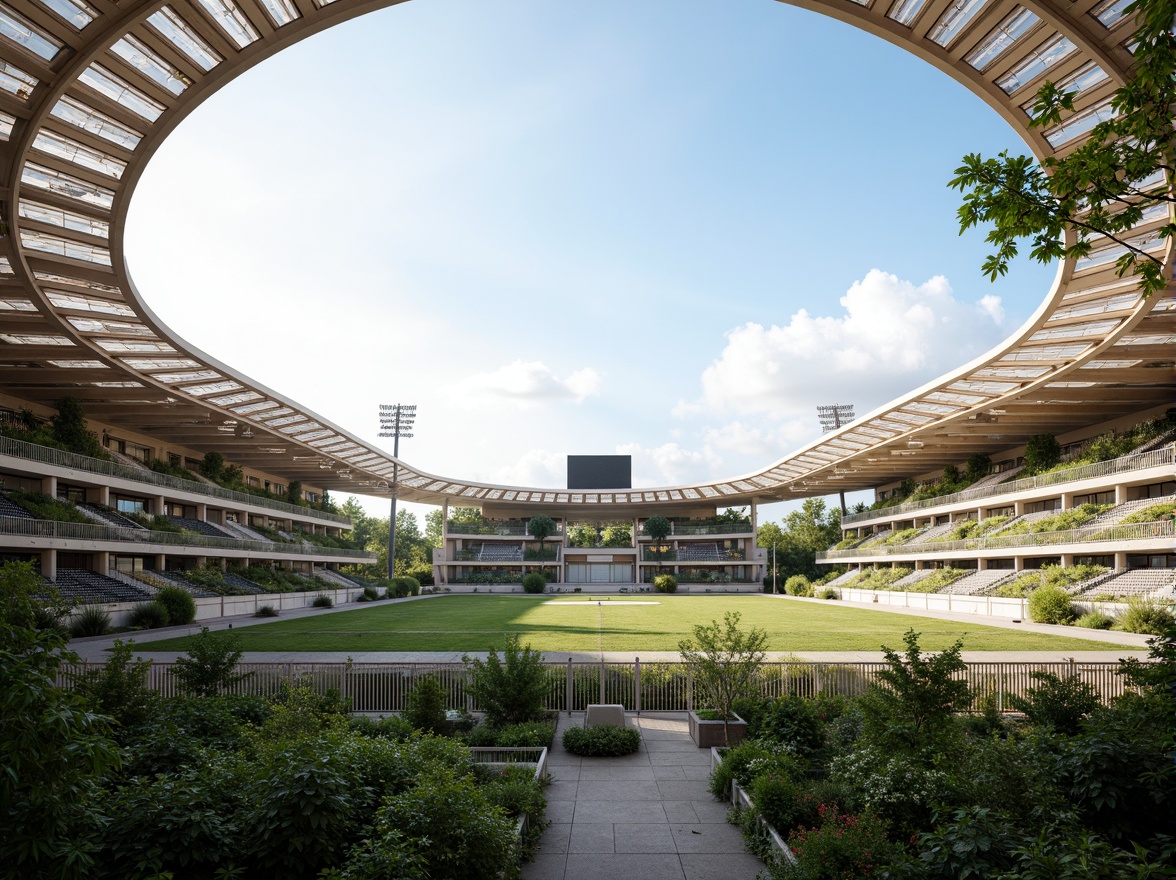 Prompt: Olympic stadium, curved rooflines, cantilevered upper tiers, open-air seating areas, natural ventilation systems, wind towers, solar chimneys, clerestory windows, operable louvers, green roofs, living walls, vertical gardens, misting systems, evaporative cooling, shaded concourses, tropical plants, warm sunny day, soft natural lighting, 1/1 composition, realistic textures, ambient occlusion.