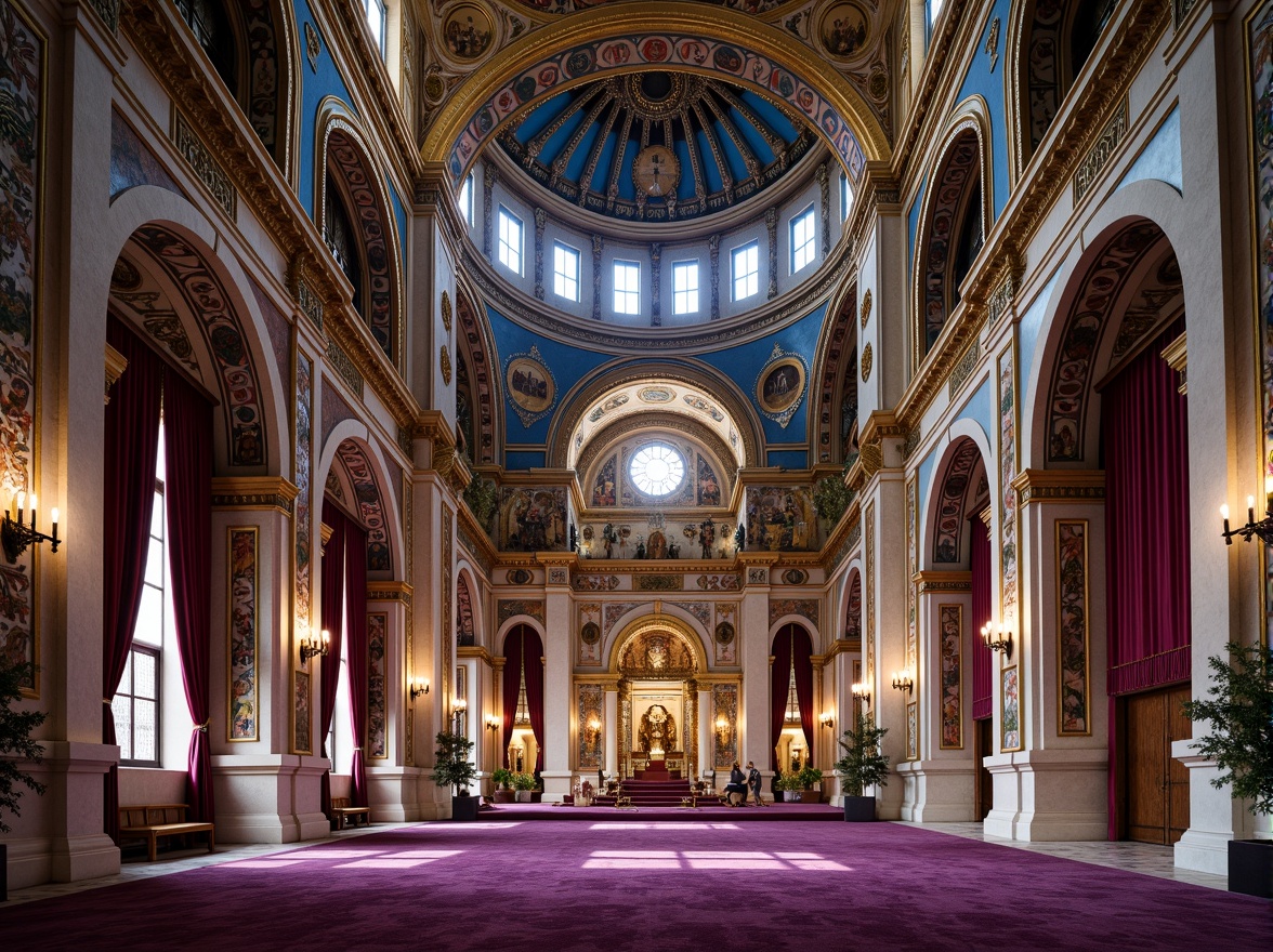 Prompt: Byzantine-style church, azure domes, golden accents, intricate mosaics, ornate archways, lavish frescoes, rich velvet drapes, gilded icons, ornamental lanterns, luxurious marble floors, regal purple tones, soft warm lighting, shallow depth of field, 1/1 composition, realistic textures, ambient occlusion.