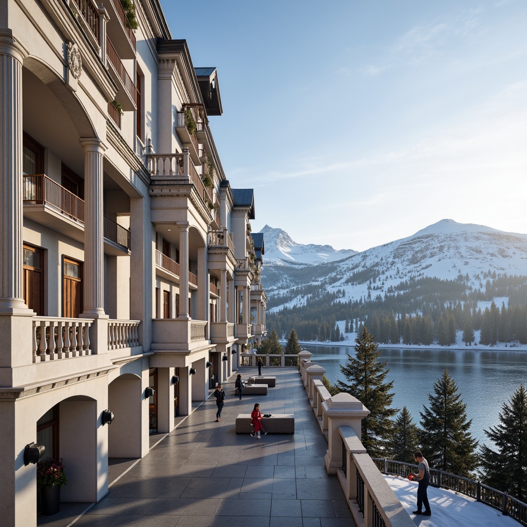 Prompt: Grandiose ski resort, neoclassical facade, white marble columns, ornate balustrades, symmetrical architecture, grand entrance, intricate stone carvings, snow-capped roofs, frozen lake views, surrounding mountain ranges, misty morning atmosphere, warm golden lighting, shallow depth of field, 1/1 composition, realistic textures, ambient occlusion.