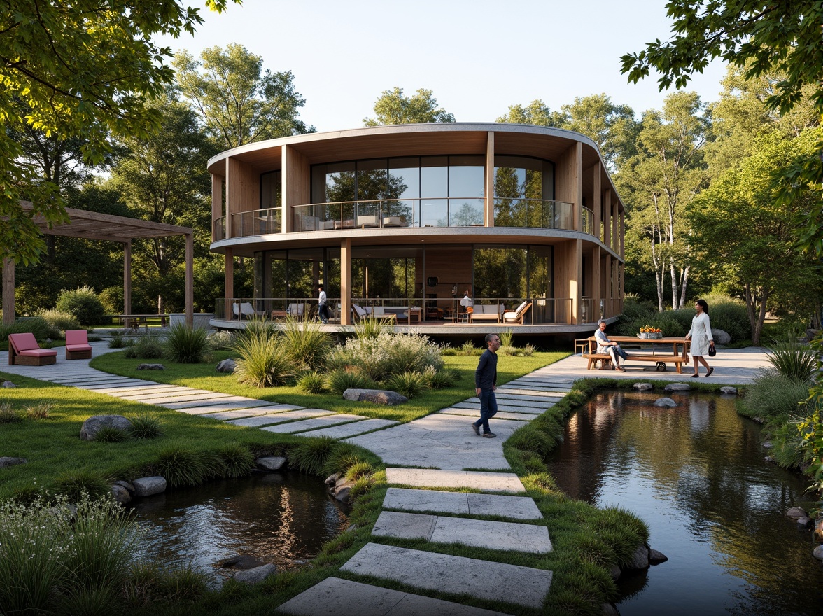 Prompt: Curved modern home exterior, sleek metal accents, large windows, sliding glass doors, lush greenery, natural stone pathways, meandering streams, serene water features, rippling water effects, vibrant aquatic plants, rustic wooden bridges, scenic overlooks, soft warm lighting, shallow depth of field, 3/4 composition, panoramic view, realistic textures, ambient occlusion.