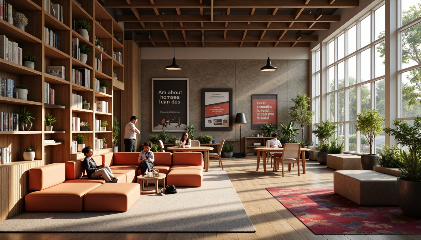 Prompt: Cozy library atmosphere, warm wooden shelves, soft cushioned seating, natural light pouring in, inspirational quotes, educational posters, collaborative workspaces, ergonomic desks, comfortable chairs, colorful rugs, acoustic panels, minimalist decorations, calm color palette, subtle textures, shallow depth of field, 1/2 composition, realistic rendering, ambient occlusion.