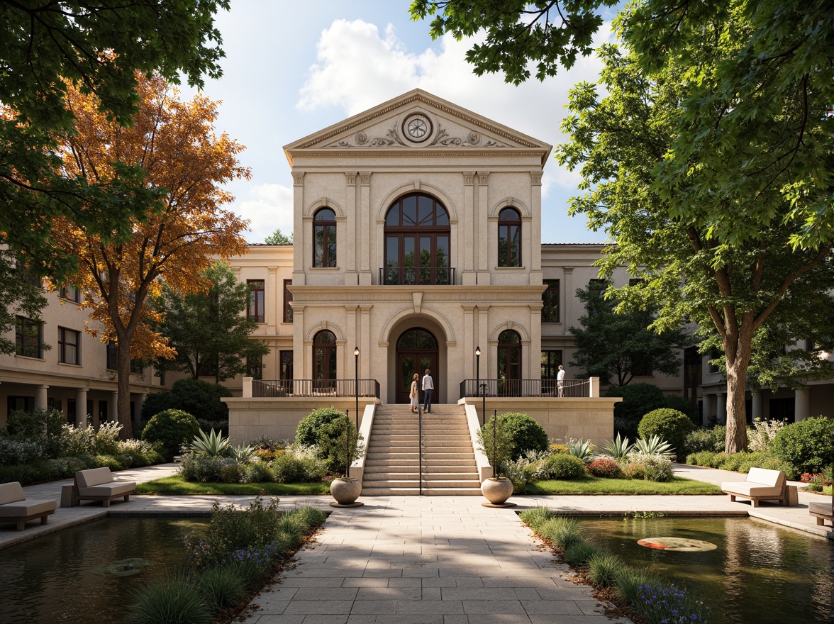 Prompt: Historic museum building, grand entrance stairs, ornate stone carvings, symmetrical gardens, manicured lawns, vibrant flowerbeds, meandering walkways, artistic sculptures, shaded outdoor seating, educational signage, classic lamp posts, natural stone paving, serene water features, tranquil koi ponds, majestic trees, soft warm lighting, shallow depth of field, 3/4 composition, panoramic view, realistic textures, ambient occlusion.