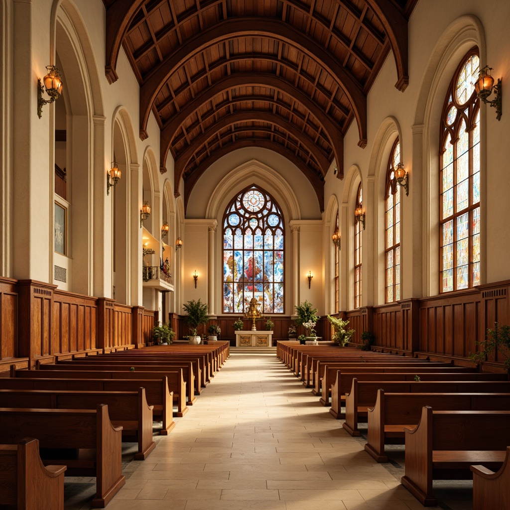 Prompt: Sacred church interior, warm beige walls, rich wooden accents, soft golden lighting, elegant stained glass windows, vibrant blue and red hues, cream-colored stone floors, ornate Gothic arches, serene atmosphere, natural textures, subtle shadows, 1/1 composition, realistic renderings, ambient illumination.