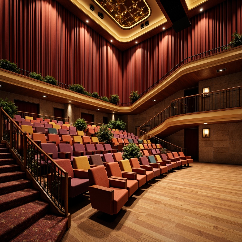 Prompt: Luxurious auditorium, rich velvet curtains, polished wooden floors, ornate metal railings, plush seating, vibrant colorful upholstery, dramatic spotlights, warm golden lighting, shallow depth of field, 1/2 composition, symmetrical architecture, grandiose chandeliers, intricate moldings, textured stone walls, acoustic panels, sound-absorbing materials, modern minimalist design, sleek lines, neutral color palette.