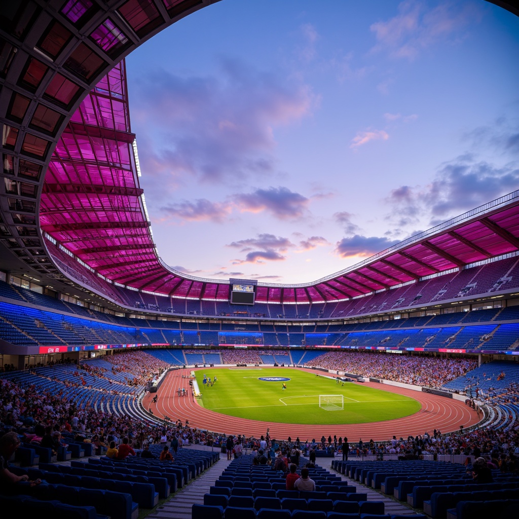 Prompt: Vibrant stadium architecture, heliotrope-inspired color scheme, deep pink hues, electric blue accents, metallic silver trims, sleek glass fa\u00e7ades, curved lines, dynamic shapes, tiered seating, lush green fields, athletic tracks, floodlights, dramatic evening lighting, shallow depth of field, 1/1 composition, wide-angle lens, realistic textures, ambient occlusion.