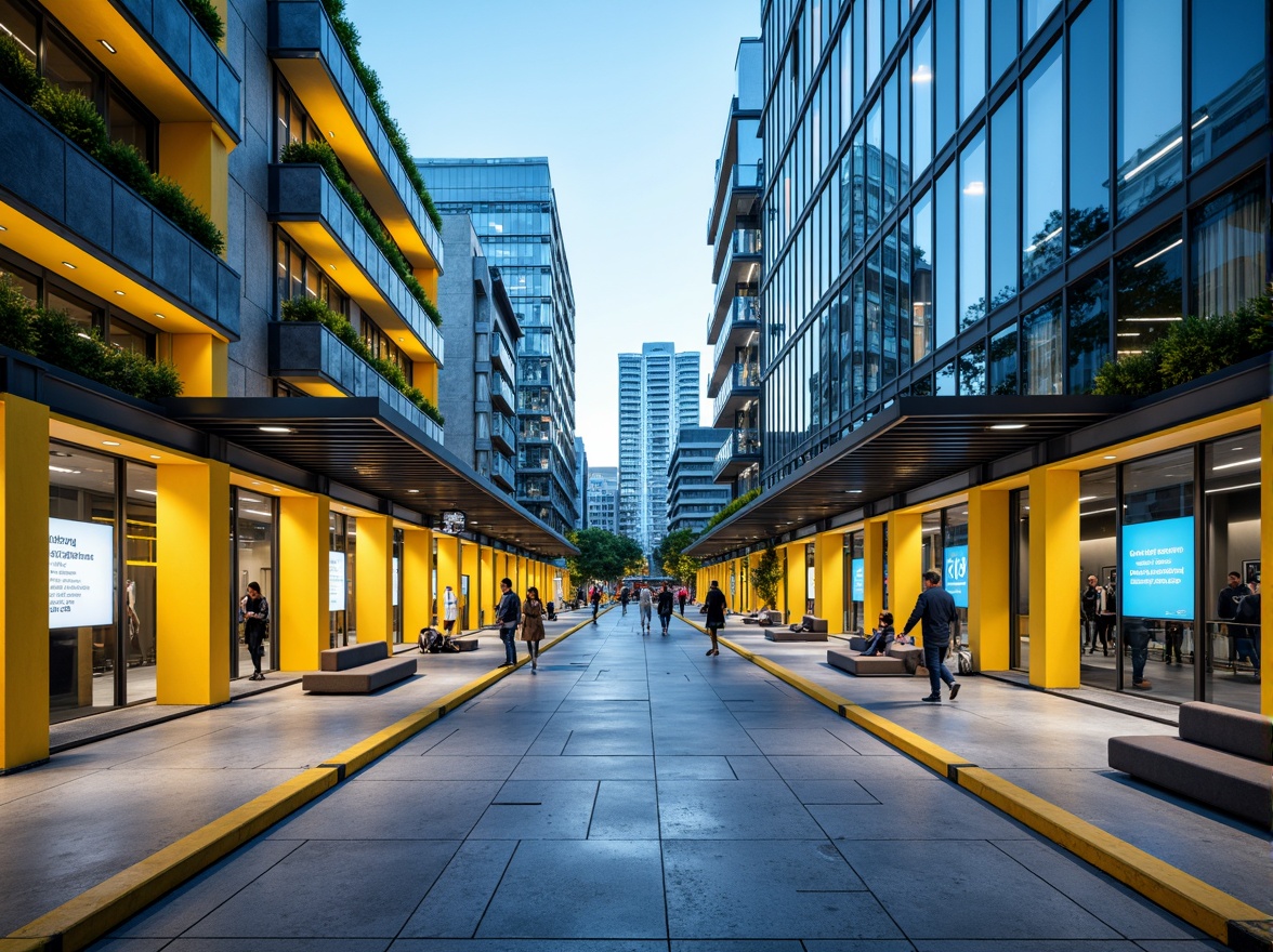 Prompt: Vibrant bus station, urban landscape, modern architecture, bold color scheme, bright yellow accents, deep blue tones, sleek metal structures, glass roofs, natural stone floors, comfortable seating areas, digital information displays, futuristic lighting systems, shallow depth of field, 1/1 composition, realistic textures, ambient occlusion.Please let me know if this meets your requirements!