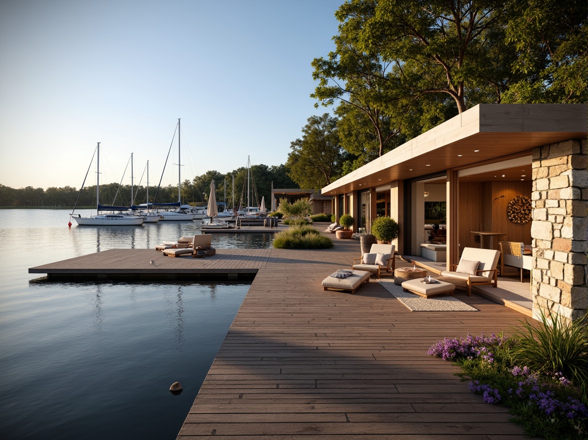 Prompt: Waterfront location, serene lake views, wooden docks, sailboats, luxurious boathouse, modern nautical design, large windows, sliding glass doors, warm wood accents, cozy interior spaces, rustic stone walls, natural textiles, vintage nautical decor, soft warm lighting, shallow depth of field, 3/4 composition, panoramic view, realistic water reflections, ambient occlusion.