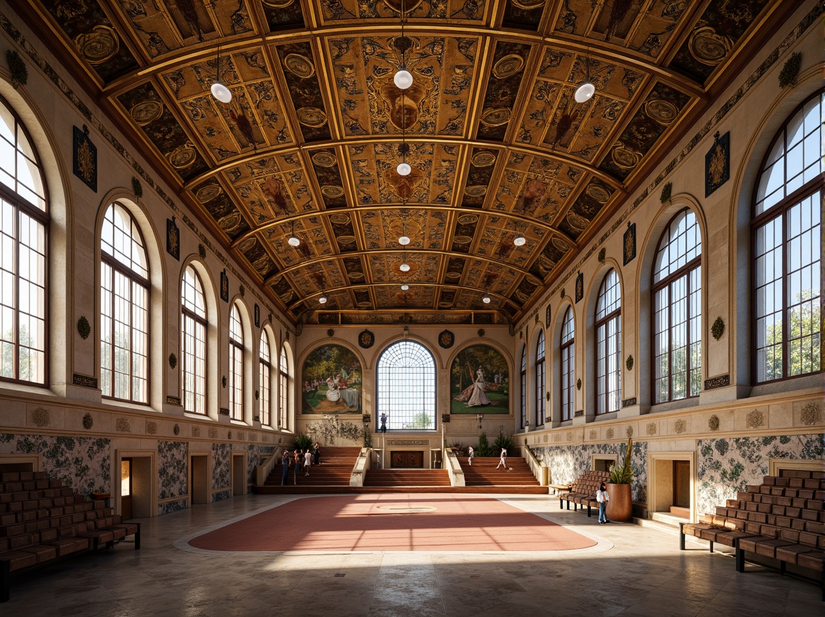 Prompt: Intricate Byzantine-style gymnasium, ornate roof tiles, golden domes, grand entrance archways, marble columns, vibrant mosaics, athletic track, sports equipment, wooden bleachers, stained glass windows, warm ambient lighting, shallow depth of field, 1/1 composition, symmetrical framing, realistic textures, ambient occlusion.