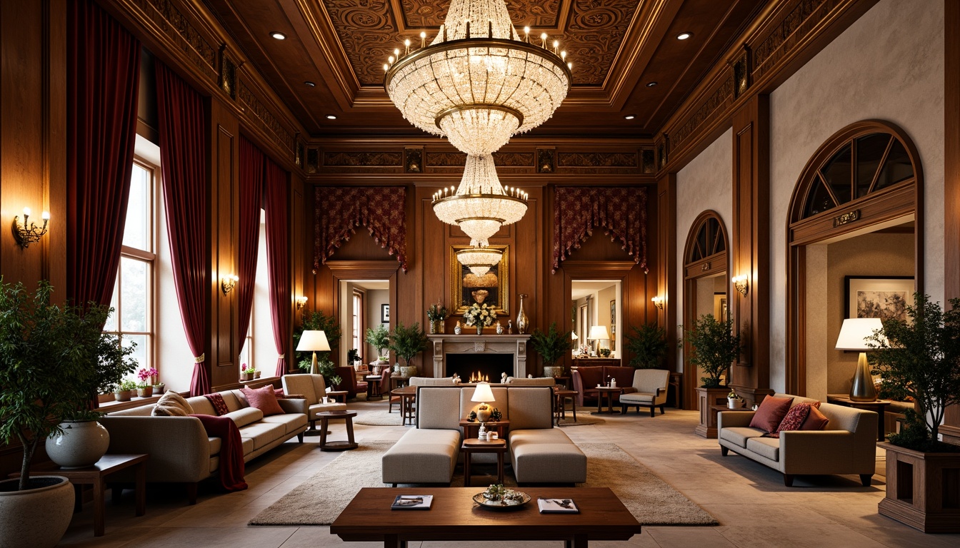 Prompt: Luxurious hotel lobby, grand chandeliers, intricately carved wooden panels, ornate plaster ceilings, velvet drapes, golden accents, lavish furnishings, rich tapestries, crystal glassware, soft warm lighting, shallow depth of field, 1/1 composition, romantic ambiance, cozy seating areas, intimate fireplaces, elegant archways, rustic stone walls, lush greenery, vintage decorative items, distressed finishes, warm earthy tones, inviting atmosphere.