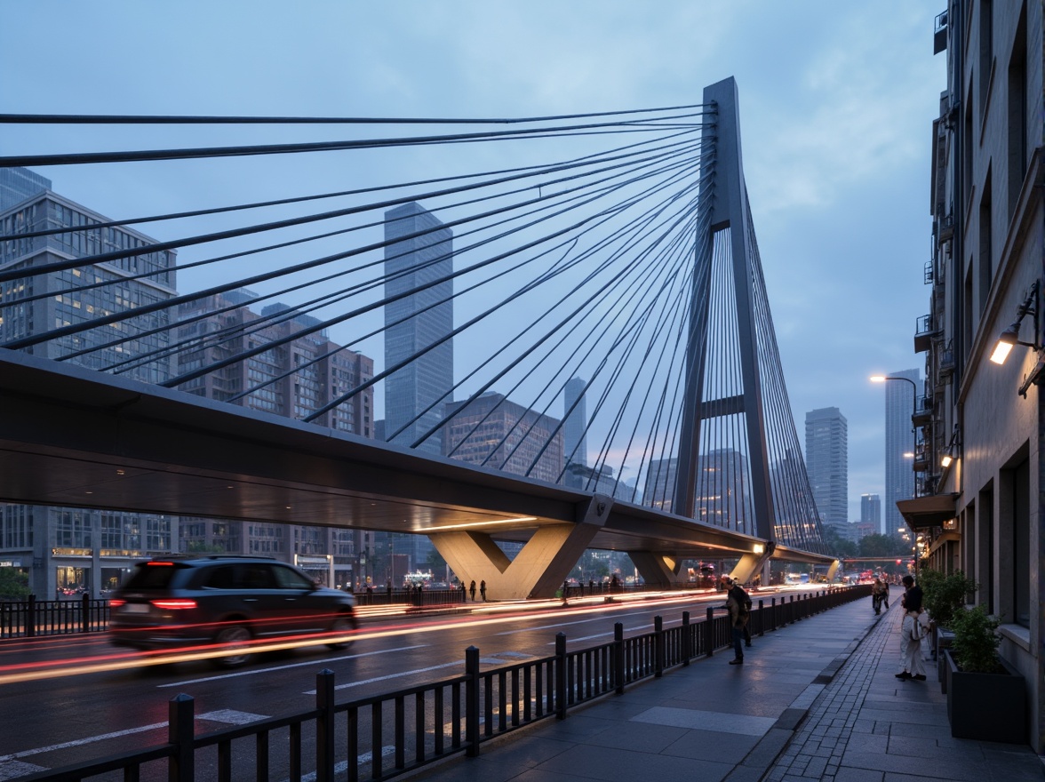 Prompt: Futuristic bridge architecture, sleek metal beams, suspended cables, angular piers, minimalist design, high-strength concrete foundations, vibrant LED lighting, misty atmospheric effects, dramatic arches, asymmetrical composition, shallow depth of field, 1/2 perspective, realistic reflections, ambient occlusion, urban cityscape, busy highway intersection, blurred motion capture.