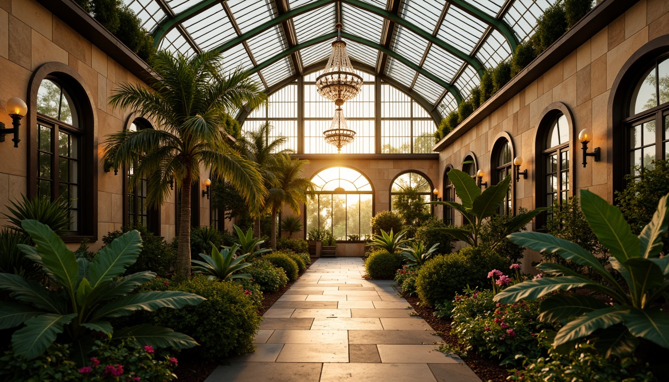 Prompt: Art Deco greenhouse, ornate metal frames, stained glass windows, lush tropical plants, soft warm lighting, golden hour ambiance, warm beige stone walls, elegant curved lines, luxurious velvet drapes, antique bronze fixtures, crystal chandeliers, softbox diffused light, 1/1 composition, realistic glass reflections, subtle color grading, vibrant emerald greenery, exotic flowers, delicate ferns, misty atmosphere, romantic evening ambiance.