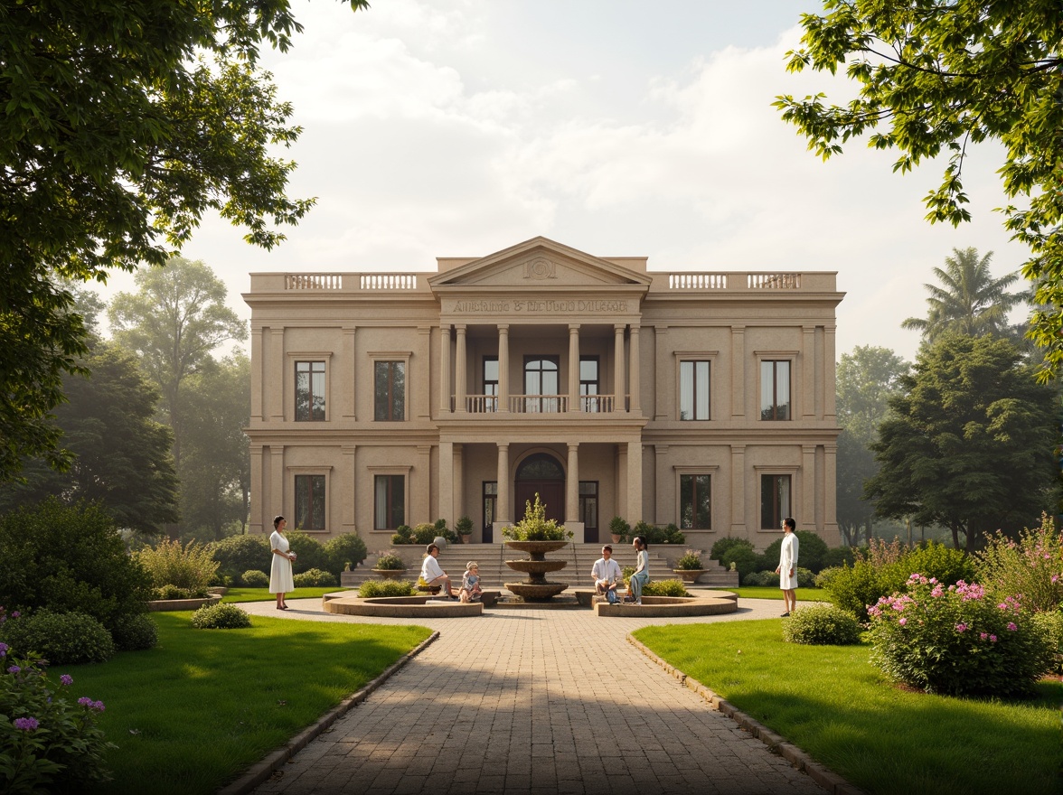 Prompt: Grand neoclassical estate, lush green lawns, ornate fountains, walking paths, tall trees, blooming flowers, classical statues, grand staircases, symmetrical fa\u00e7ade, ionic columns, carved stone details, rusticated bases, subtle arches, soft warm lighting, misty morning atmosphere, shallow depth of field, 2/3 composition, panoramic view, realistic textures, ambient occlusion.