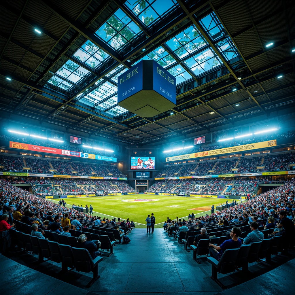 Prompt: Vibrant stadium interior, energetic crowd atmosphere, bold team colors, bright LED lights, sleek modern architecture, dynamic seating arrangements, metallic materials, polished concrete floors, graphic patterned walls, motivational quotes, athletic equipment displays, inspirational player murals, electric blue and green accents, warm golden lighting, high-contrast color scheme, futuristic design elements, angular lines, geometric shapes.