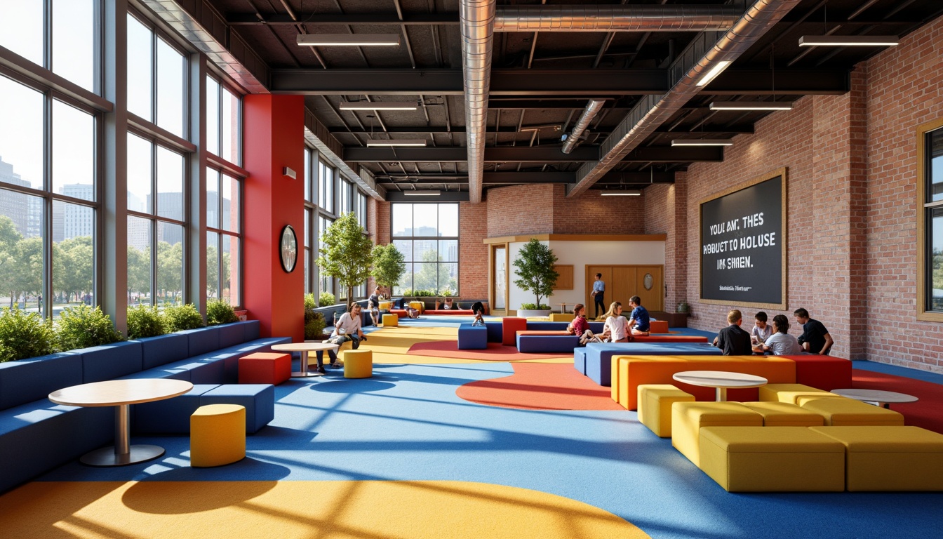 Prompt: Vibrant youth center, bold geometric shapes, primary color scheme, bright red accents, deep blue tones, yellow highlights, white clean lines, industrial metal beams, exposed brick walls, modern minimalist furniture, functional layout, collaborative workspaces, inspirational quotes, urban cityscape views, sunny afternoon light, high contrast shadows, 1/1 composition, dramatic camera angles, abstract textures, ambient occlusion.