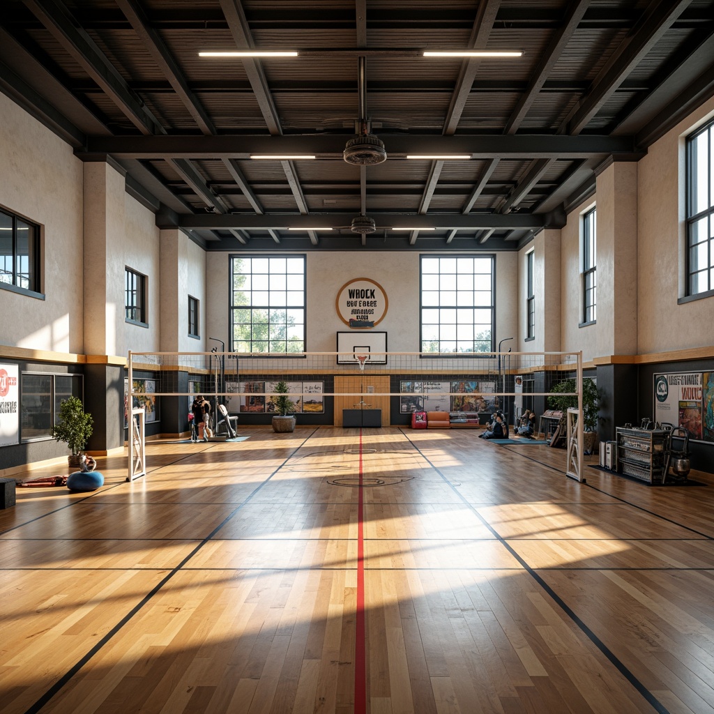 Prompt: Modern gymnasium interior, high ceilings, polished wooden floors, athletic equipment, basketball hoops, volleyball nets, exercise machines, mirrored walls, motivational quotes, natural daylight, softbox lighting, LED strips, warm color temperature, 3-point lighting system, backlit panels, indirect illumination, ambient occlusion, realistic reflections, dynamic shadows.