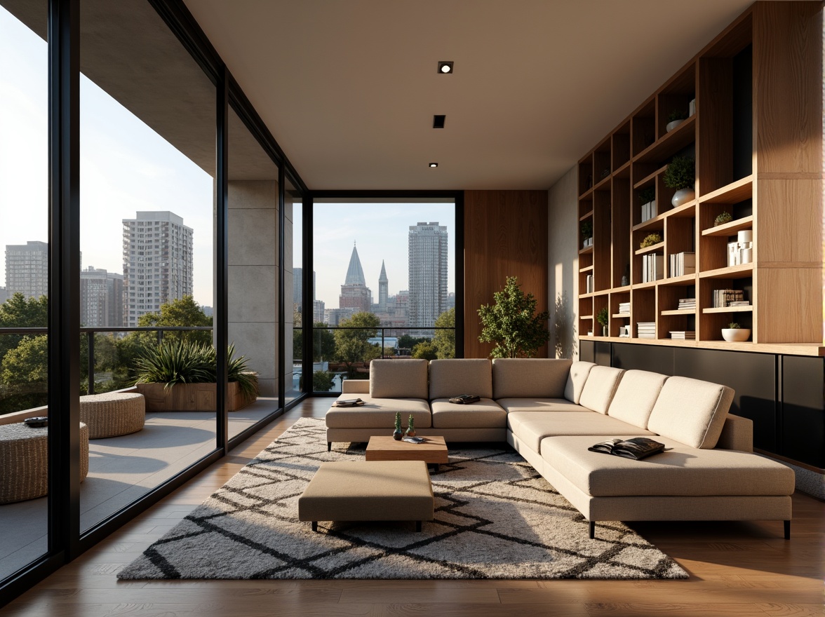 Prompt: Modern living room, sleek minimalism, natural wood accents, plush sofas, geometric-patterned rugs, floor-to-ceiling windows, sliding glass doors, urban skyline views, cozy reading nooks, built-in shelving units, ambient warm lighting, 1/1 composition, shallow depth of field, realistic textures, soft focus blur.