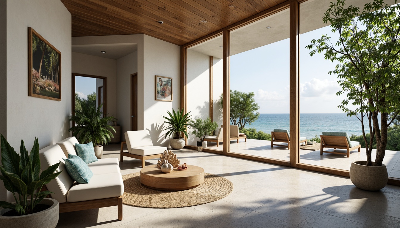 Prompt: Soothing coastal clinic, calming ocean views, gentle sea breeze, natural wood accents, driftwood-inspired decor, soft blue-green color palette, wave-patterned textiles, coral-inspired sculptures, shell-adorned accessories, serene outdoor spaces, lush tropical plants, warm sandy walkways, modern minimalist architecture, large glass windows, sliding doors, abundant natural light, shallow depth of field, 3/4 composition, panoramic view, realistic textures, ambient occlusion.