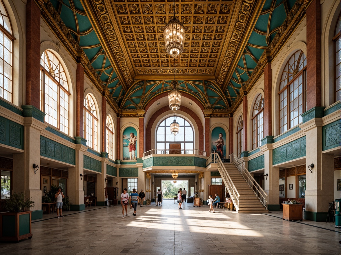 Prompt: Intricate Byzantine-style gymnasium, ornate roof tiles, golden domes, grand entrance archways, vibrant turquoise accents, marble flooring, rustic stone walls, majestic columns, sweeping staircases, grandiose chandeliers, warm soft lighting, shallow depth of field, 1/1 composition, symmetrical view, realistic textures, ambient occlusion, athletic equipment, basketball hoops, volleyball nets, exercise machines, sports-themed murals.