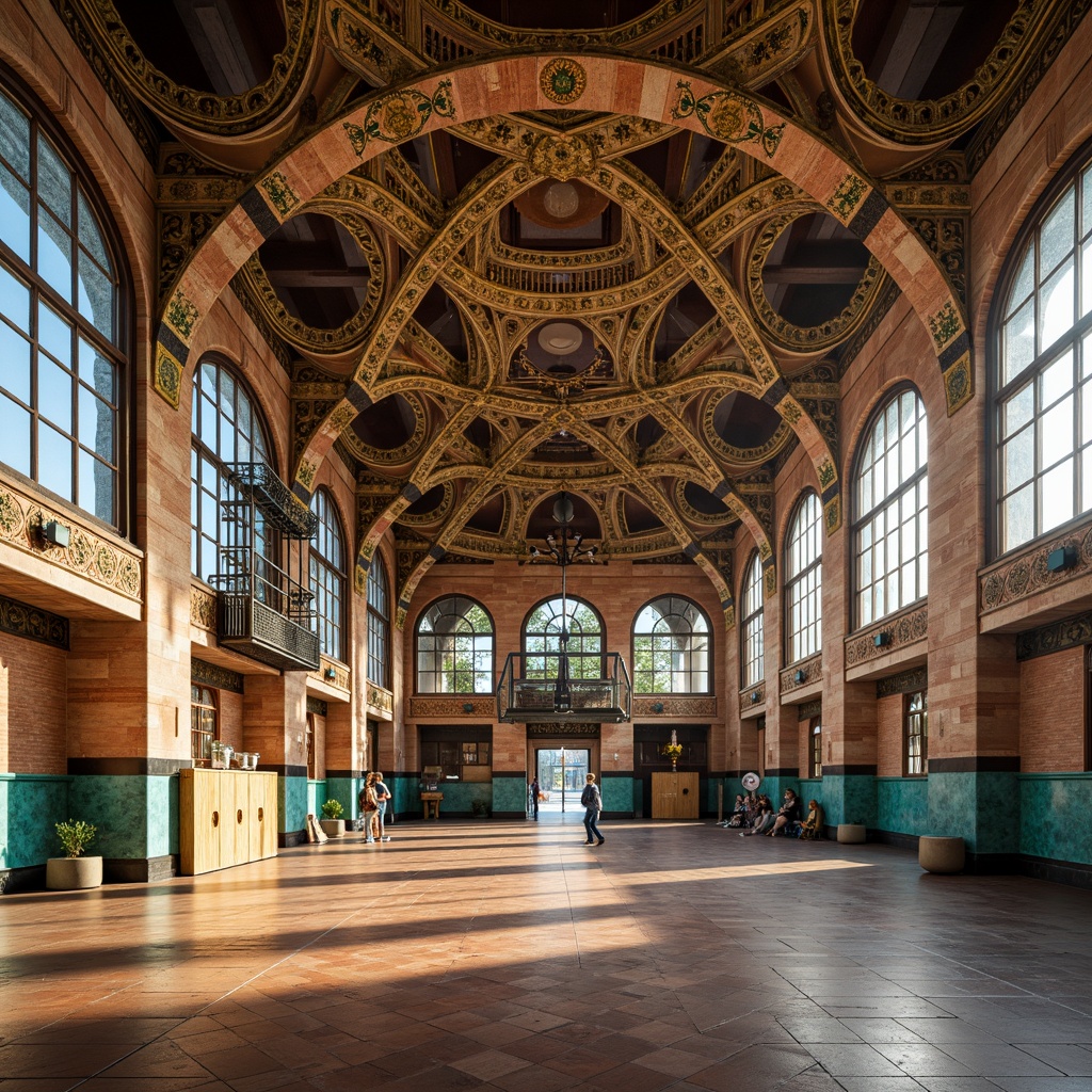 Prompt: Byzantine-inspired gymnasium facade, ornate stone carvings, golden domes, intricate mosaics, grand archways, rustic brick textures, ornamental metalwork, vibrant turquoise accents, athletic equipment silhouettes, morning sunlight, soft warm glow, shallow depth of field, 3/4 composition, symmetrical architecture, realistic material textures, ambient occlusion.