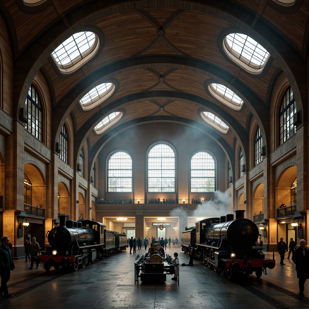 Prompt: Grandiose train station, high ceilings, ribbed arches, pointed vaults, flying buttresses, stained glass windows, intricate stone carvings, ornate metalwork, dramatic lighting, atmospheric fog, busy urban setting, vintage locomotives, nostalgic atmosphere, warm color palette, detailed textures, shallow depth of field, 1/2 composition, symmetrical framing.